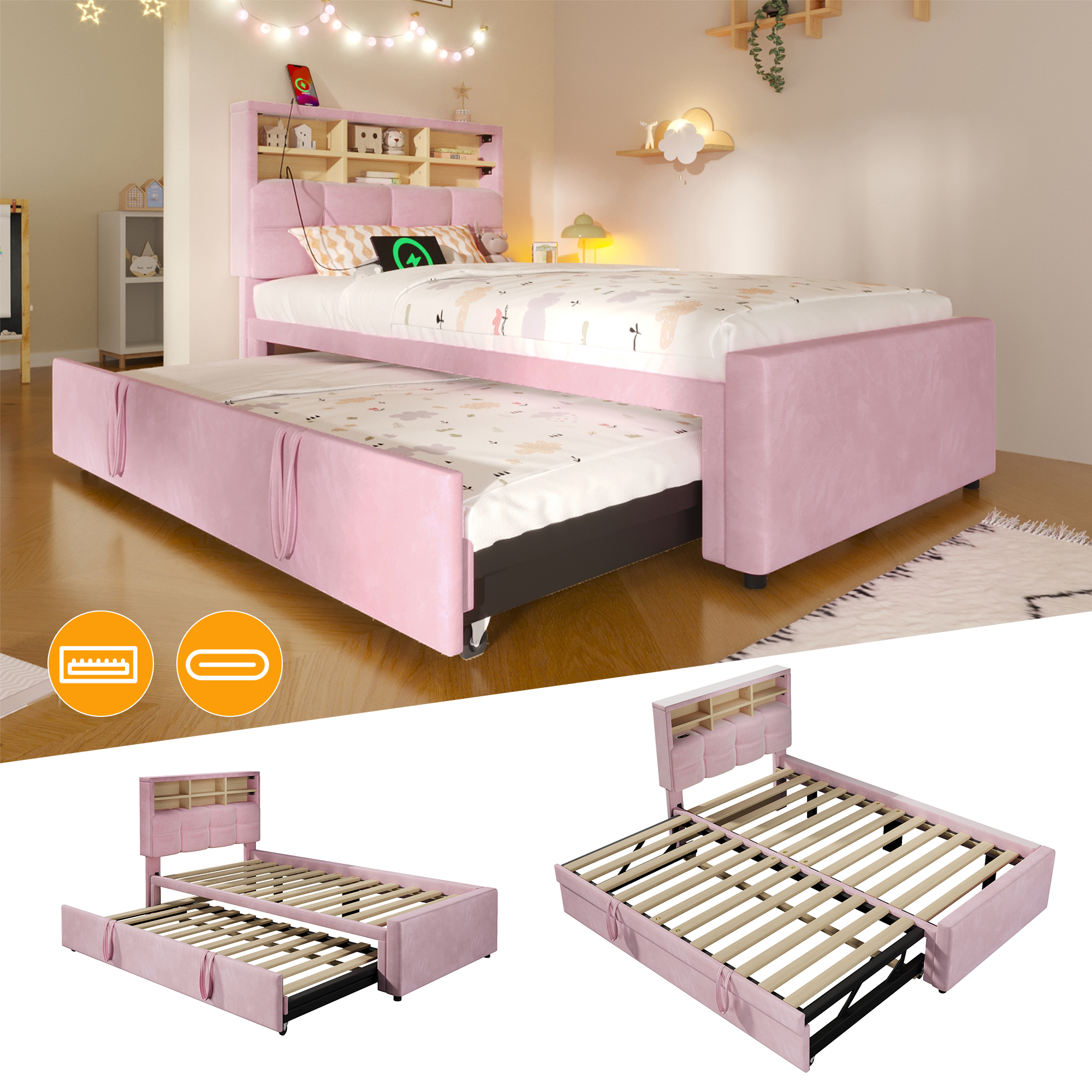 Banquette-lit extensible en velours rose
