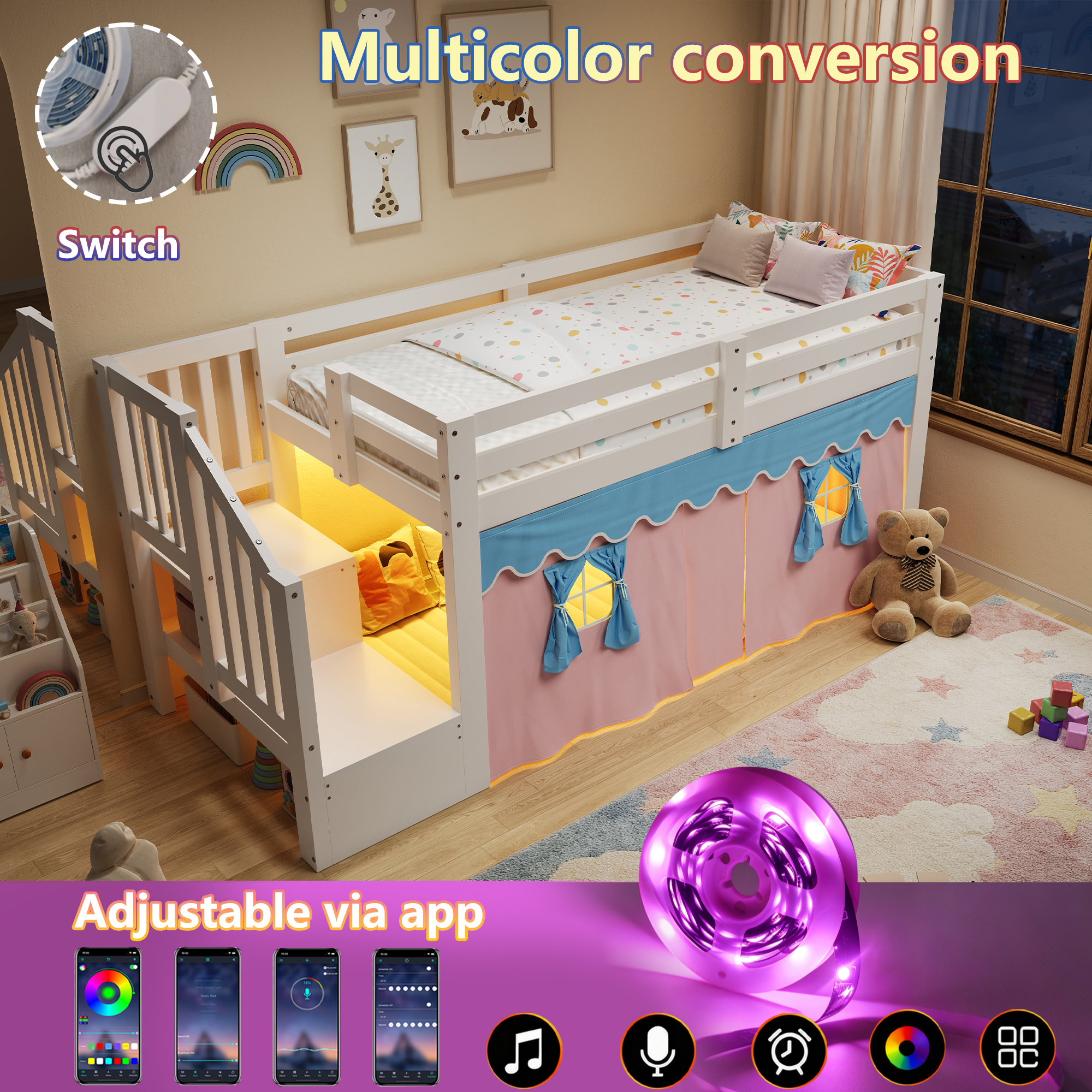 Présentation lit mi-hauteur blanc avec LED et rideaux