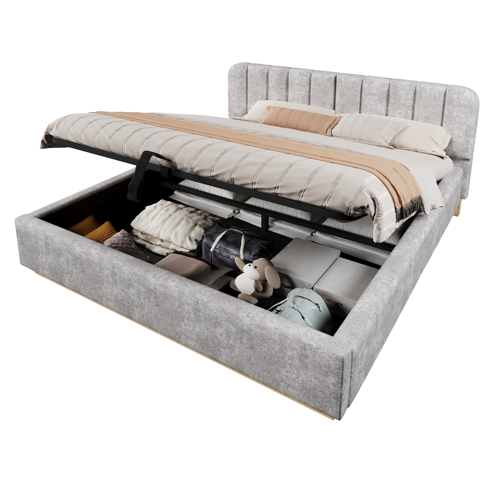Dimensions et fonctions de Lit coffre rembourré en chenille 180 x 200 cm avec rangement hydraulique, LED et sommier à lattes, Gris, sans matelas