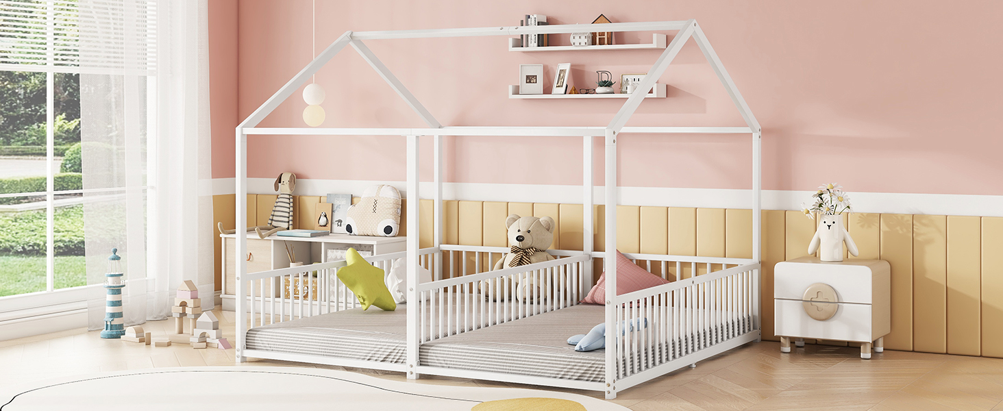 Lit jumeaux enfant en fer 2×90×200 cm en forme de maison, barrières sécurité, pour famille avec 2 enfants, design créatif, indépendance de couchage, stabilité, sécurité, style ludique, décoration - image 22