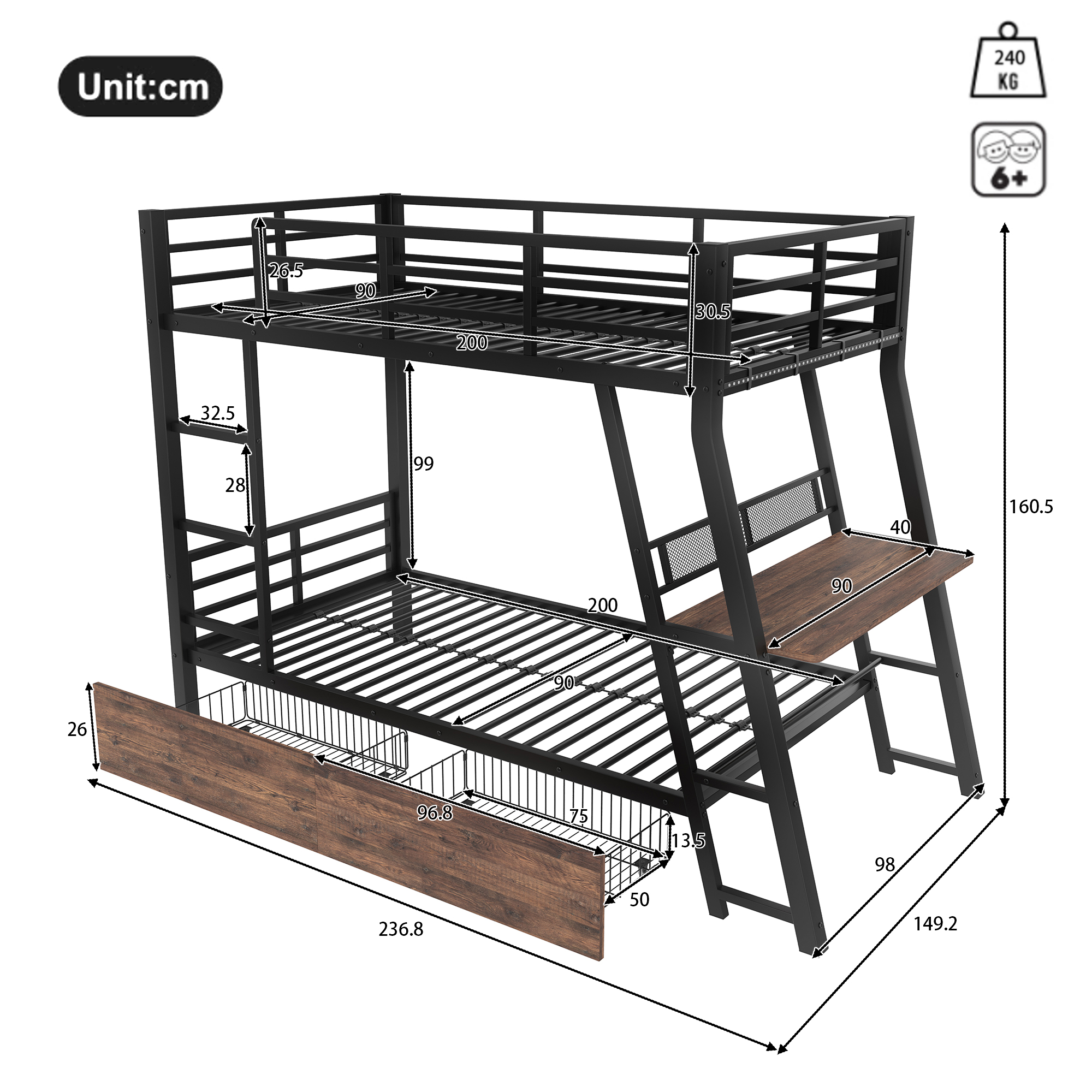 Lit mezzanine 90 x 200 cm, bureau intégré, escalier, tiroirs de rangement, éclairage LED au niveau du bureau, métal, noir, 236,8 x 149,2 x 160,5 cm - vue complémentaire 1