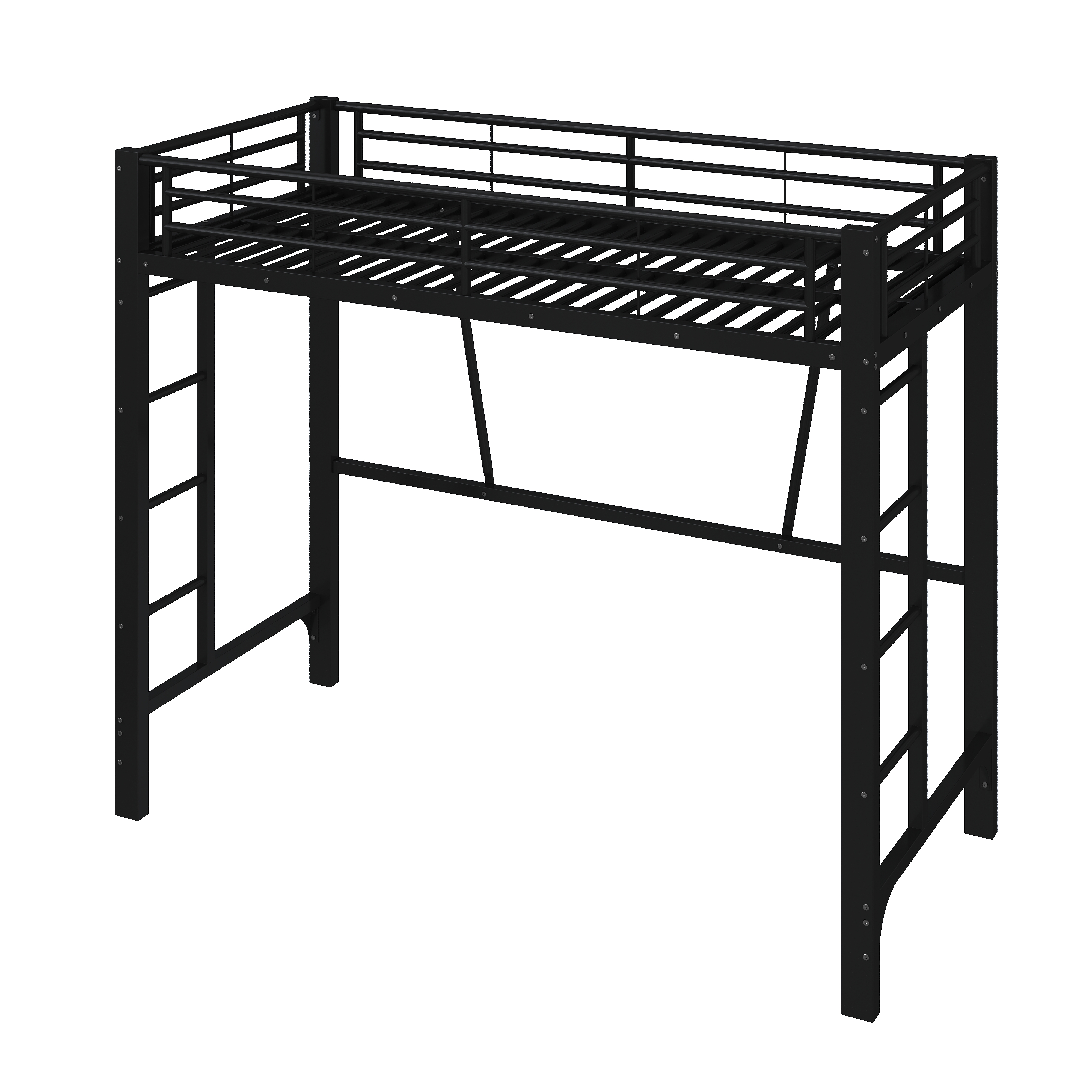Présentation de Lit mezzanine en métal 90 x 200 cm avec double échelle, rangements, espace inférieur ouvert et barrières de sécurité, Noir, sans matelas