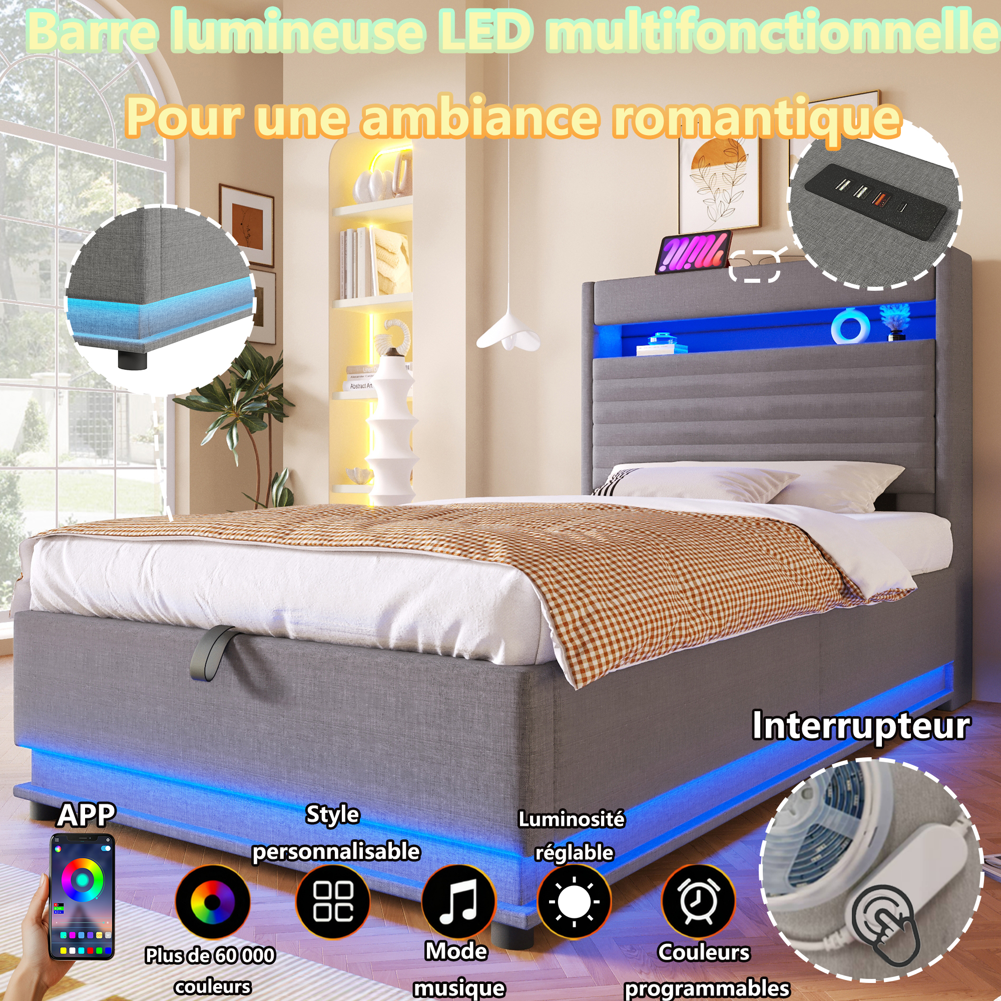 Lit rembourré multifonction avec éclairage LED rég - image 6