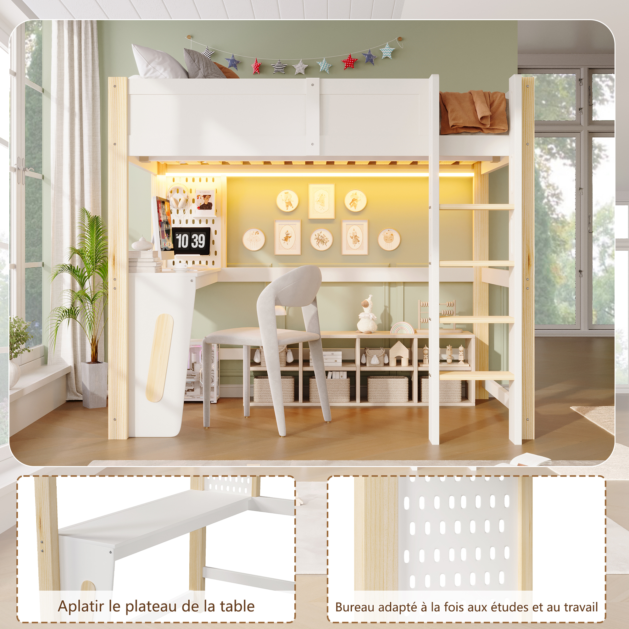 Lit mezzanine 140 x 200 cm avec bureau, LED, MDF et pin, Bois naturel - dimensions et détails