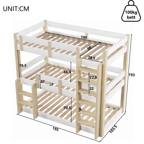 Plan des dimensions du lit superposé triple