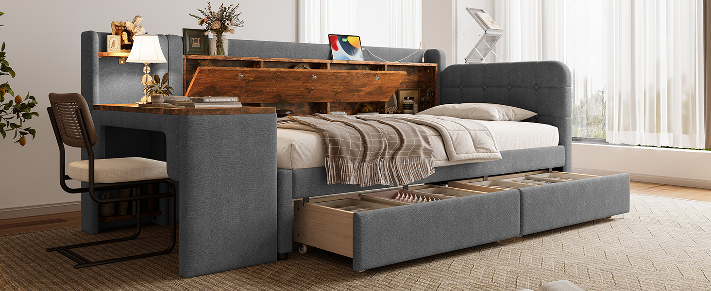 Lit en chanvre et MDF, rangement avec couvercle rabattable et étagère, bureau flexible, pour chambre, matériau écologique respirant, design intelligent, beaucoup de stockage, style naturel, durabilité - image 19