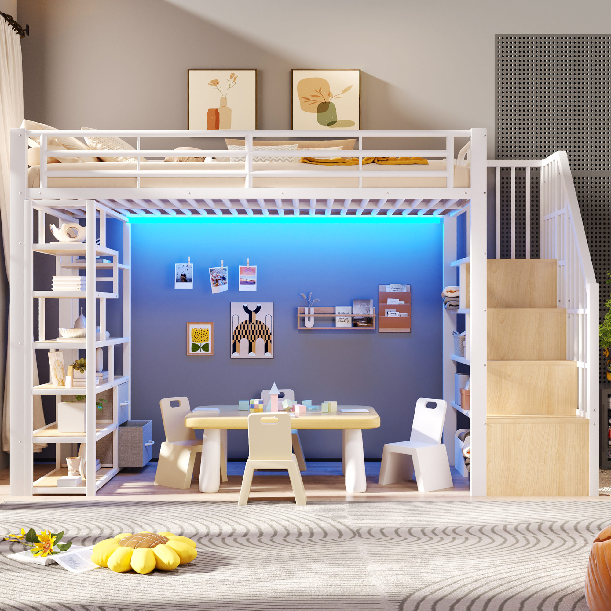 Lit mezzanine 90 x 200 cm, escalier, 2 tiroirs, éclairage LED sous le couchage, garde-corps, métal et MDF, blanc, 252 x 95 x 170 cm - vue principale 1