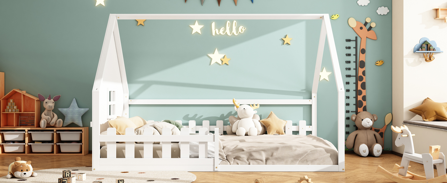 Lit enfant maison de rêve en pin et MDF, design maison miniature, pour chambre d'enfant, stimule imagination, construction stable, style naturel moderne, sécurité et amusement, espace de jeu unique - image 15