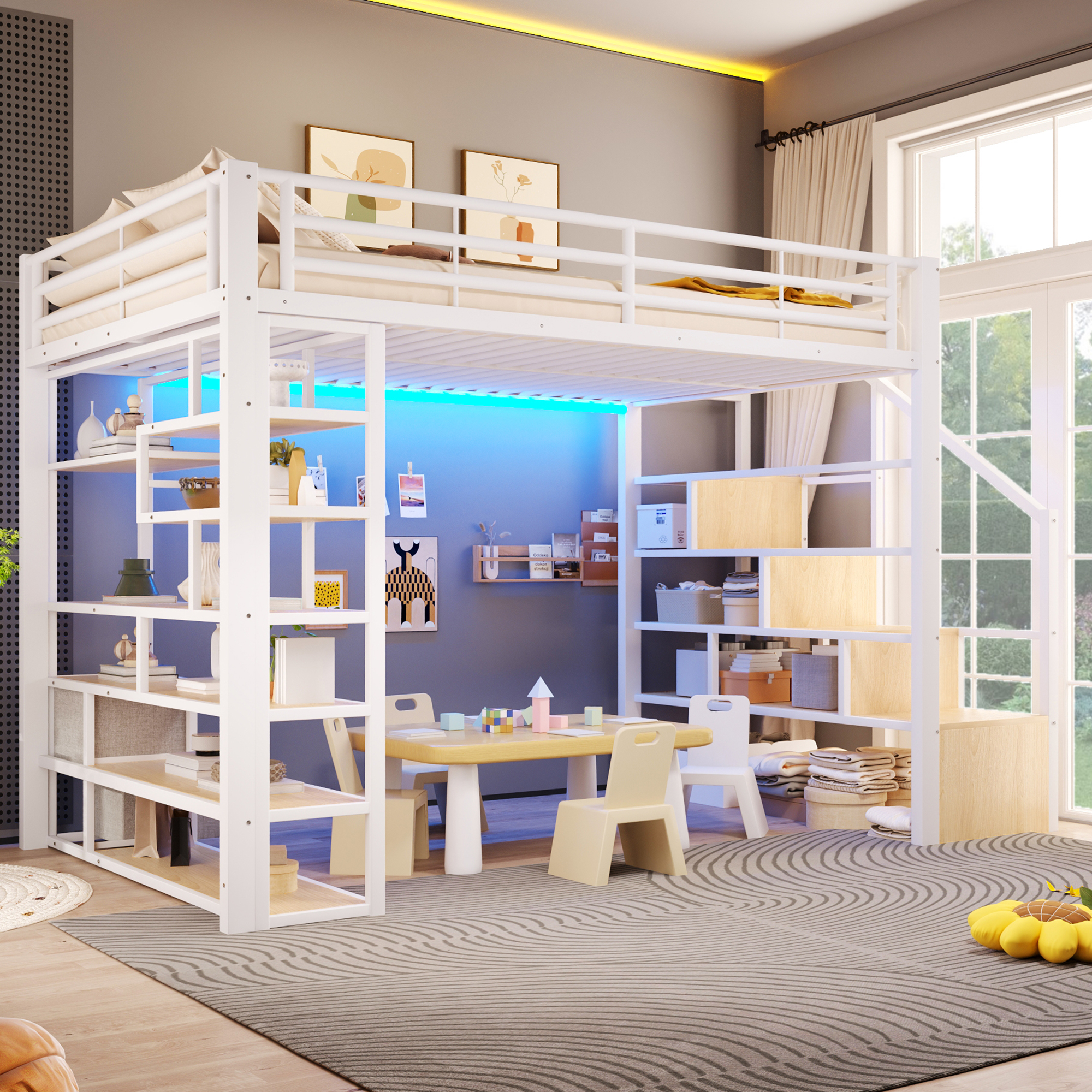 Lit mezzanine 140 x 200 cm, escalier, 2 tiroirs, éclairage LED sous le couchage, garde-corps, métal et MDF, blanc, 252 x 145 x 170 cm - vue principale 1