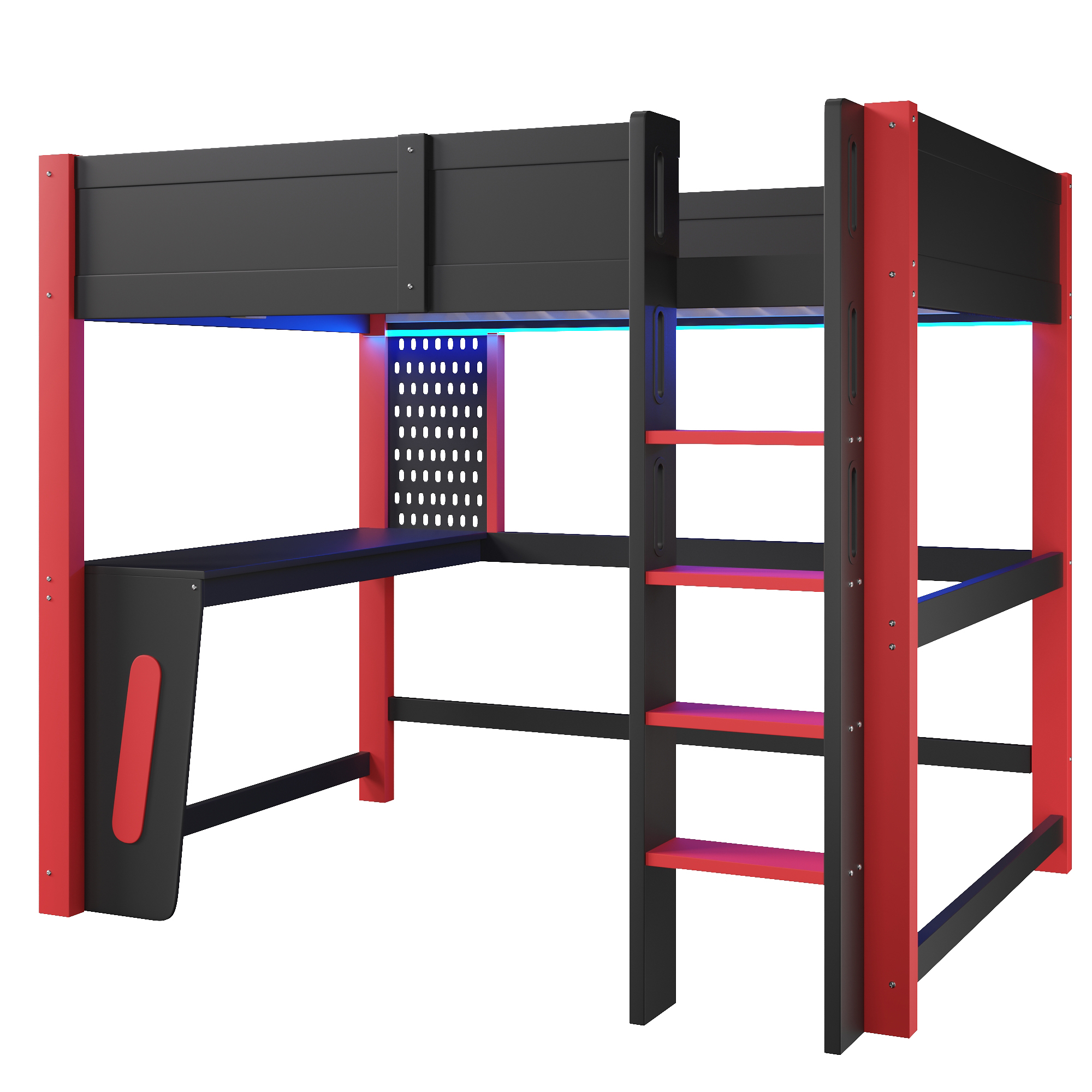 Lit mezzanine 140 x 200 cm avec bureau, LED, MDF et pin, Noir - vue complémentaire