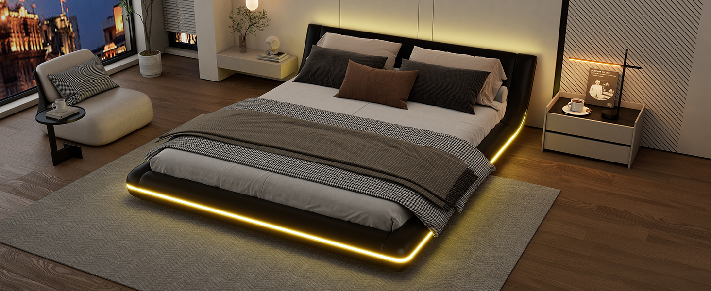 Lit au sol en PU et MDF avec LED changeantes contrôlable app, pour chambre, structure stable, ambiance romantique, design moderne, matériau durable, confort et technologie, style fonctionnel élégant - image 19