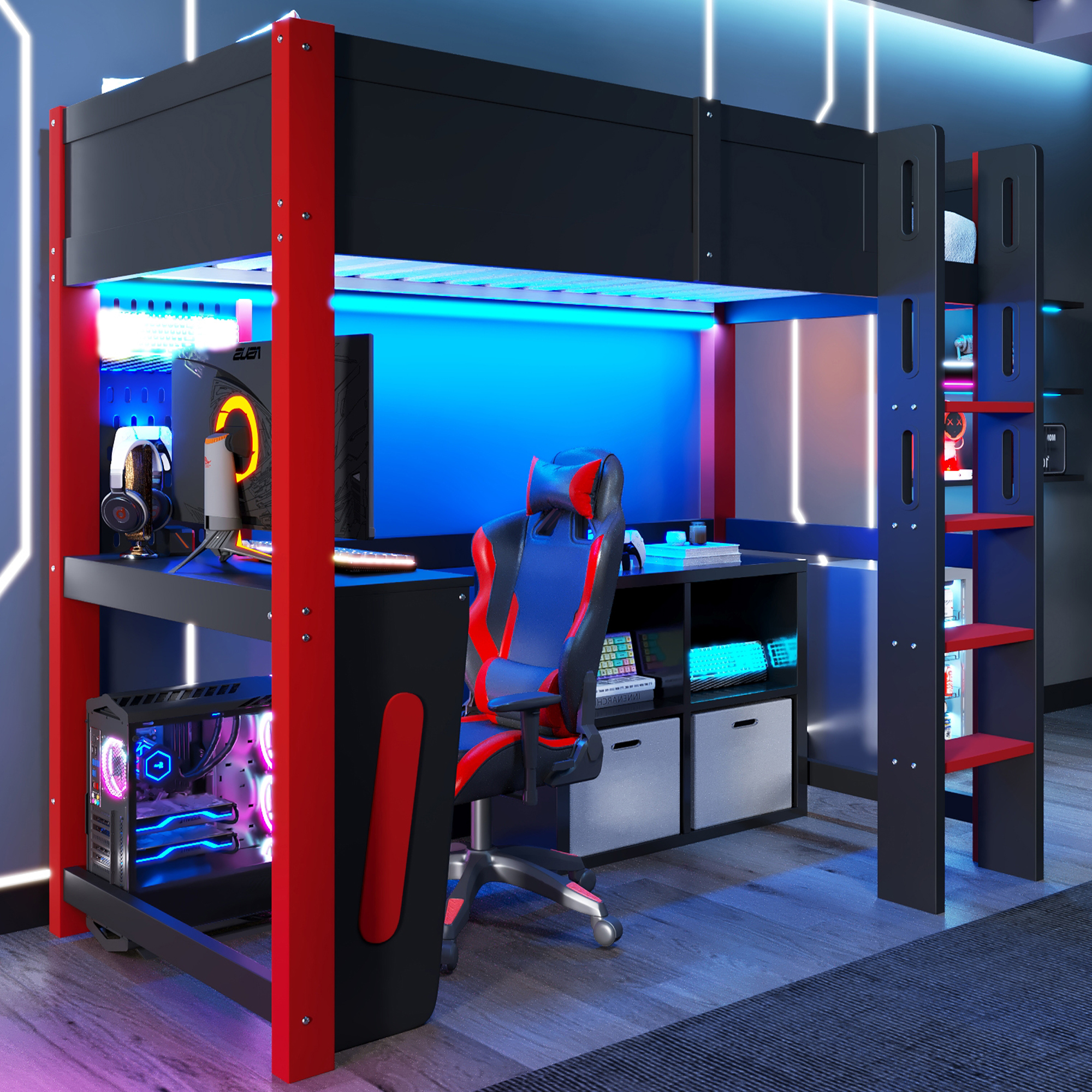 Lit mezzanine 90 x 200 cm avec bureau, LED, MDF et pin, Noir - vue principale