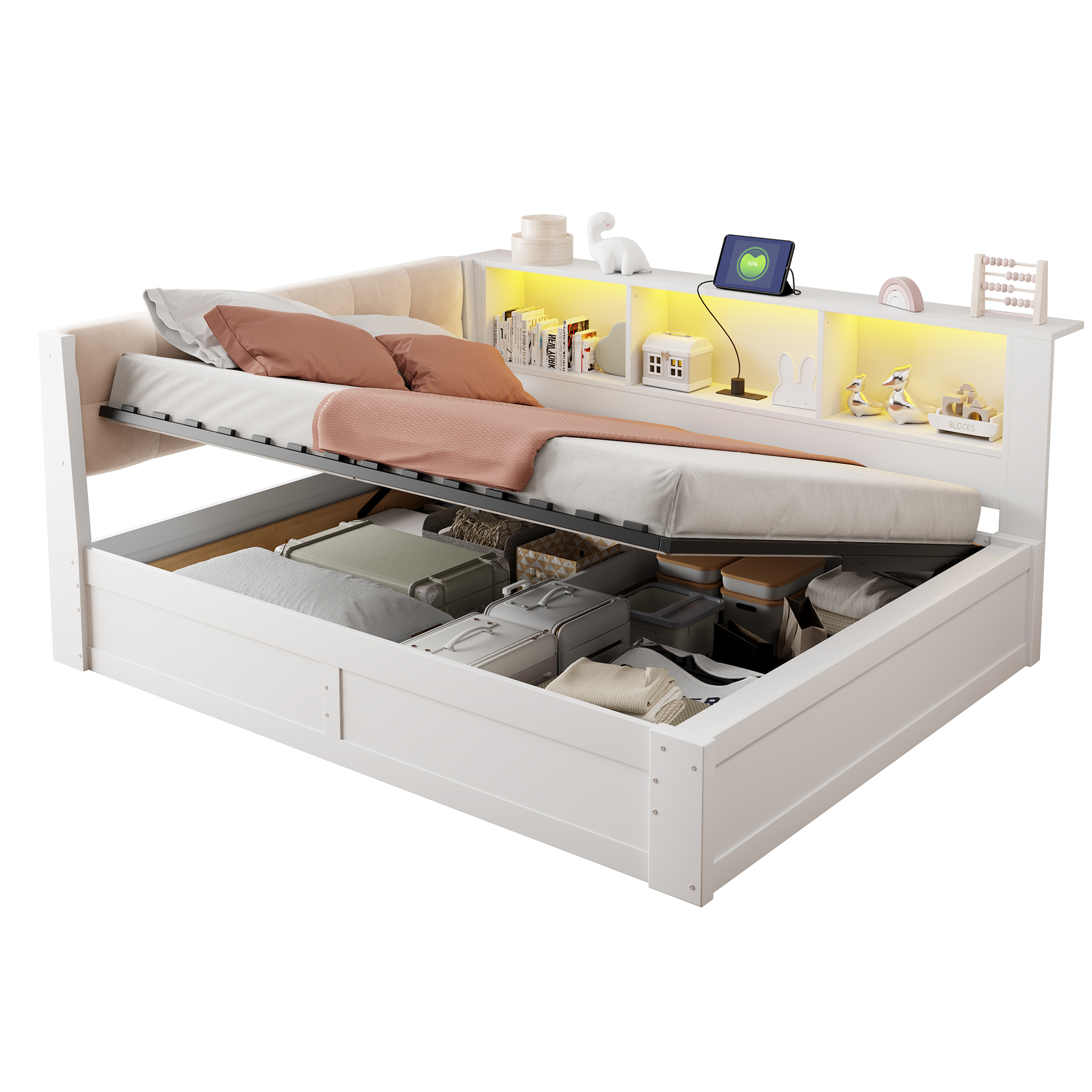 Canapé convertible, ports USB, éclairage led, intensité réglable, prises et recharge intégrées, 209 x 165 x 83 cm, tissu effet lin et bois, blanc - vue 5