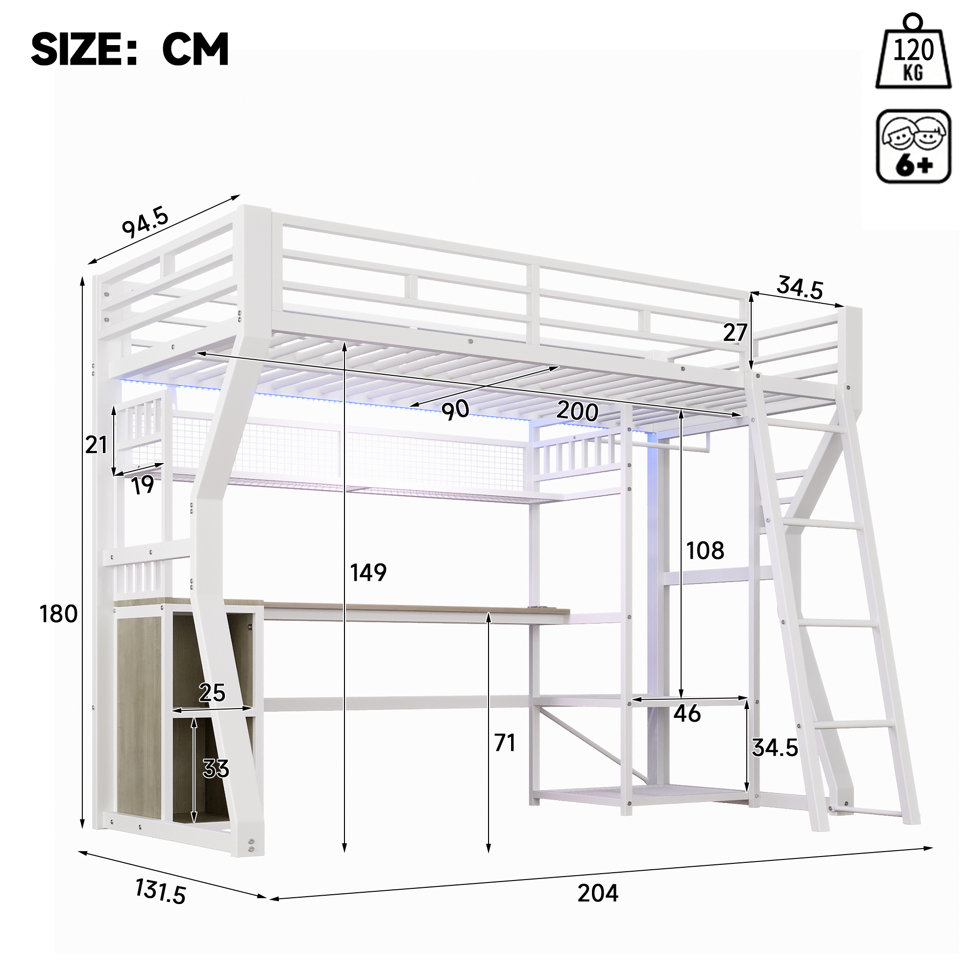 Dimensions lit mezzanine 90x200cm