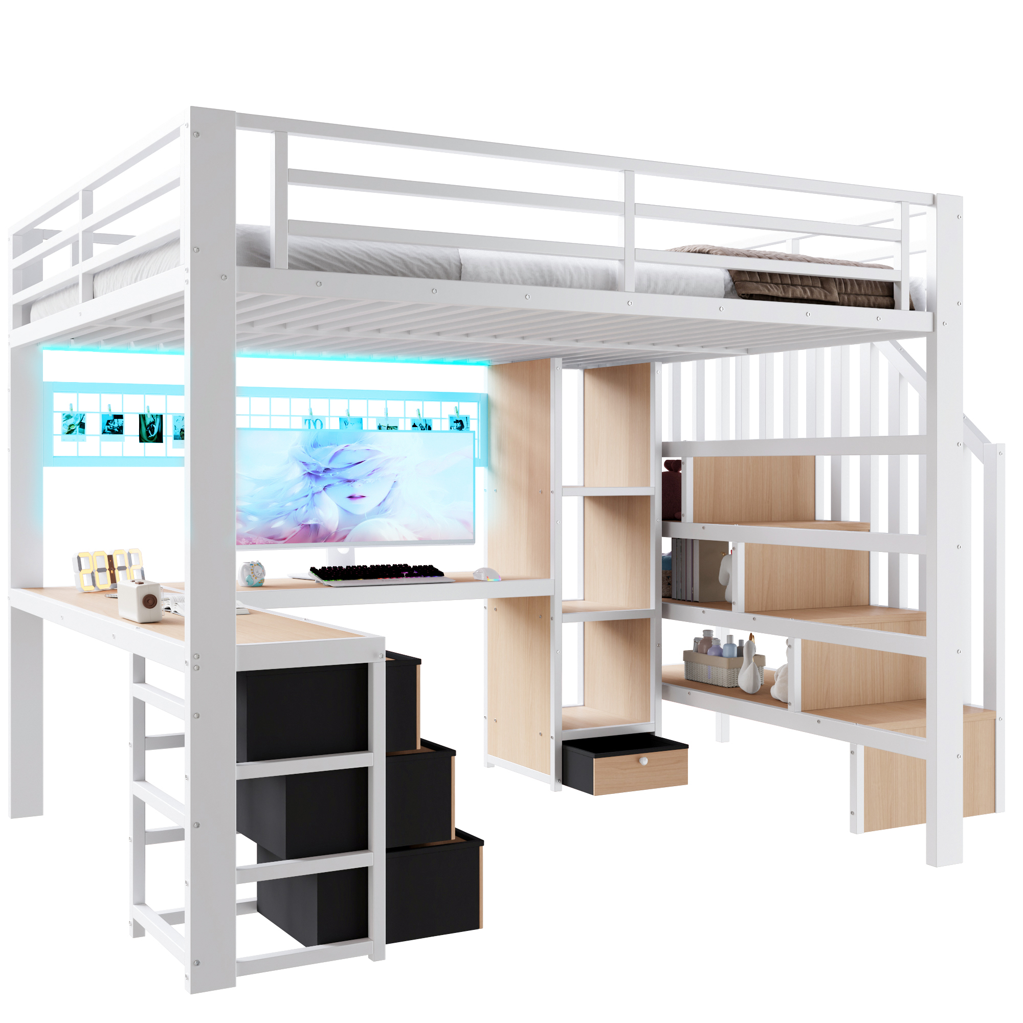 Lit mezzanine 140x200 cm avec rangement, bureau, LED métal, MDF blanc - spécifications 1
