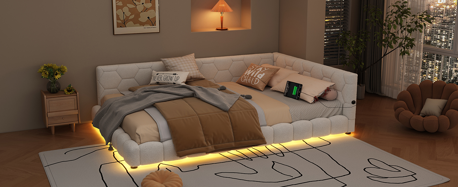 Lit avec LED 16 couleurs contrôlable app, USB + Type-C, velours imitation, MDF, pour chambre, ambiance romantique, recharge multiple, design moderne, confort et technologie, style fonctionnel élégant - image 19