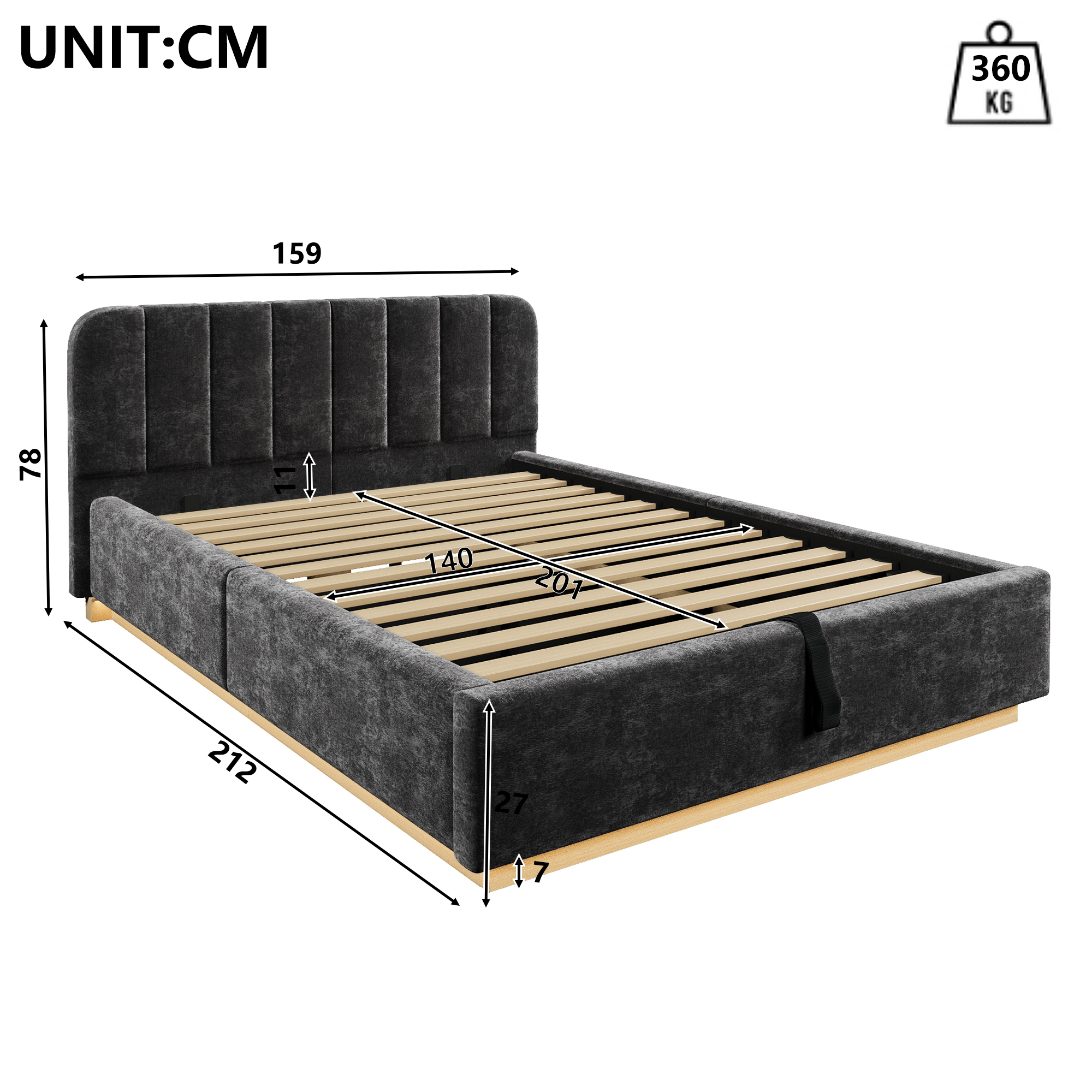 Dimensions et fonctions de Lit coffre rembourré en chenille 140 x 200 cm avec rangement hydraulique, LED et sommier à lattes, Gris, sans matelas