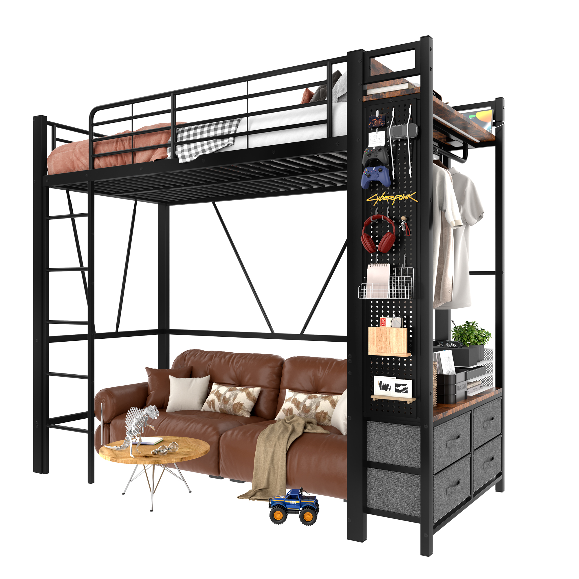 Lit en fer et MDF avec tringles suspendues, 4 tiroirs, pour chambre, structure forte, beaucoup de rangement vertical, utilisation optimale espace, design fonctionnel, style moderne, stabilité, durabilité - image 4