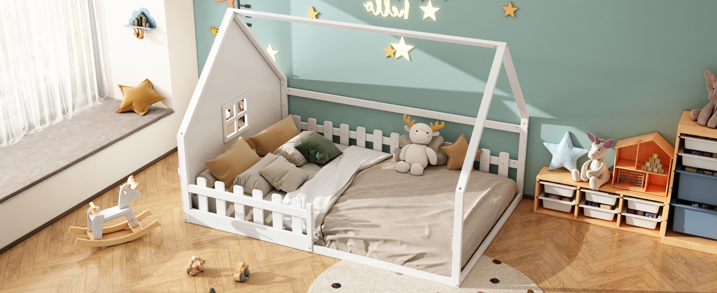 Lit enfant maison de rêve en pin et MDF, design maison miniature, pour chambre d'enfant, stimule imagination, construction stable, style naturel moderne, sécurité et amusement, espace de jeu unique - image 17