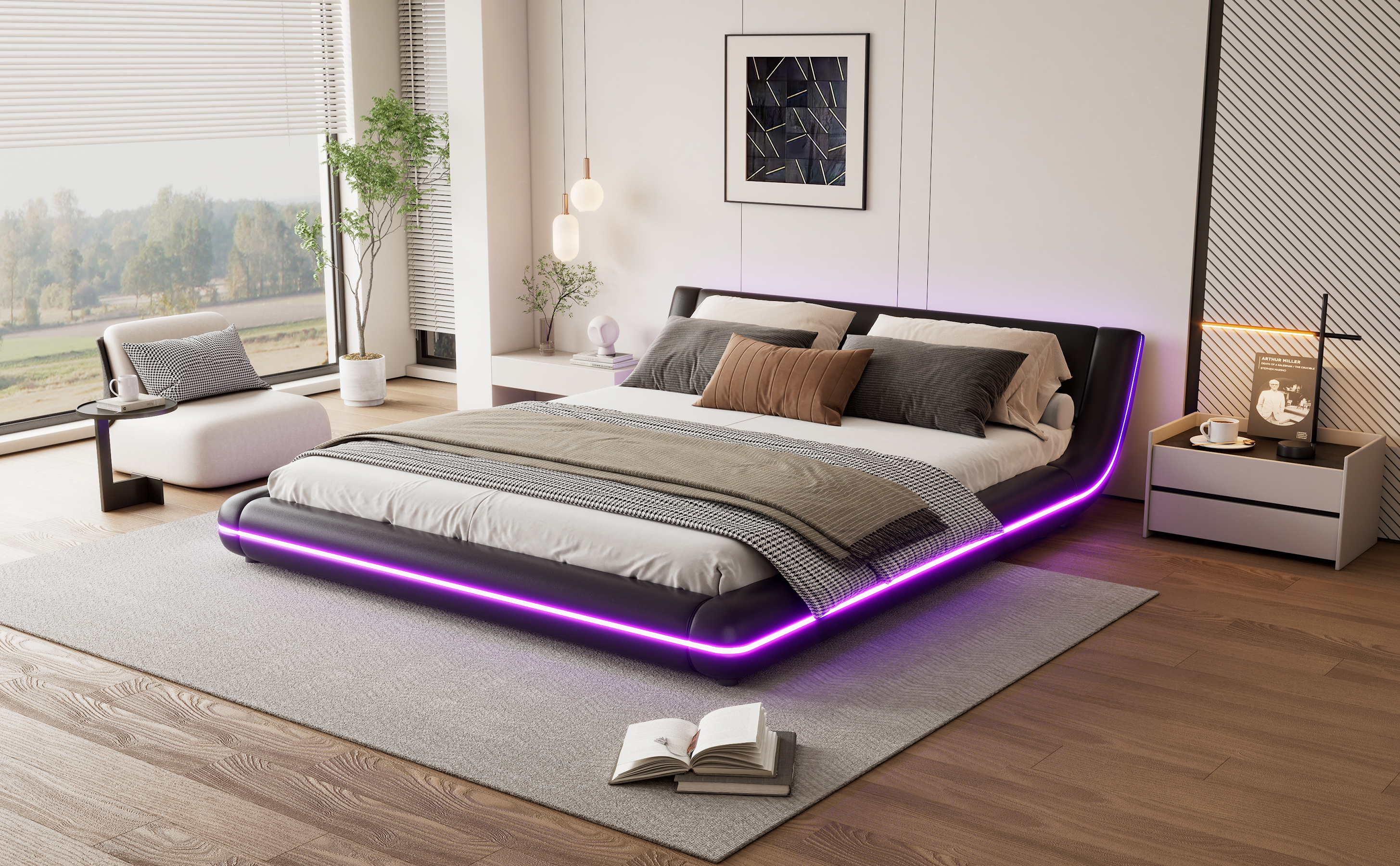 Lit au sol en PU et MDF avec LED changeantes contrôlable app, pour chambre, structure stable, ambiance romantique, design moderne, matériau durable, confort et technologie, style fonctionnel élégant - image 11