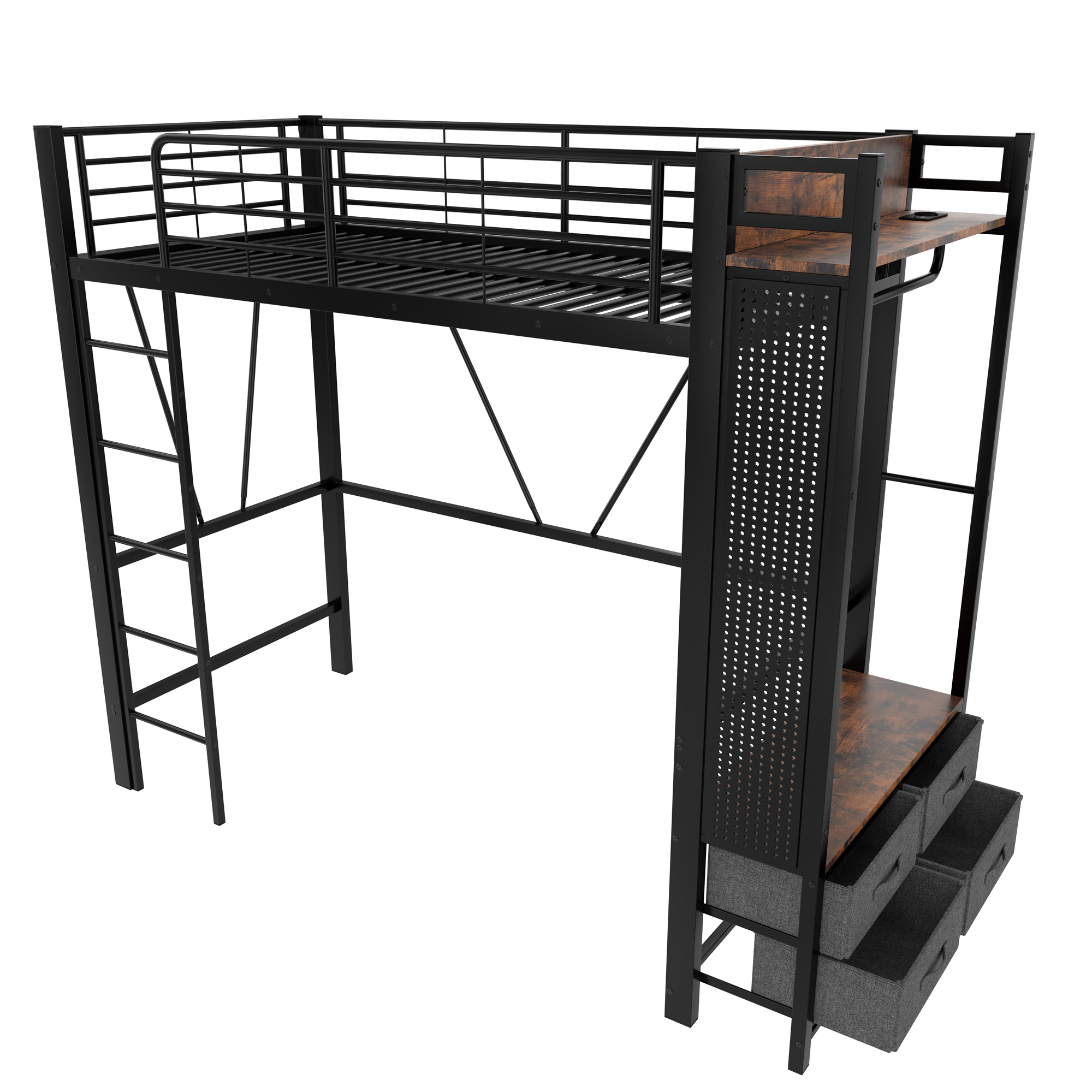 Lit en fer et MDF avec tringles suspendues, 4 tiroirs, pour chambre, structure forte, beaucoup de rangement vertical, utilisation optimale espace, design fonctionnel, style moderne, stabilité, durabilité - image 10