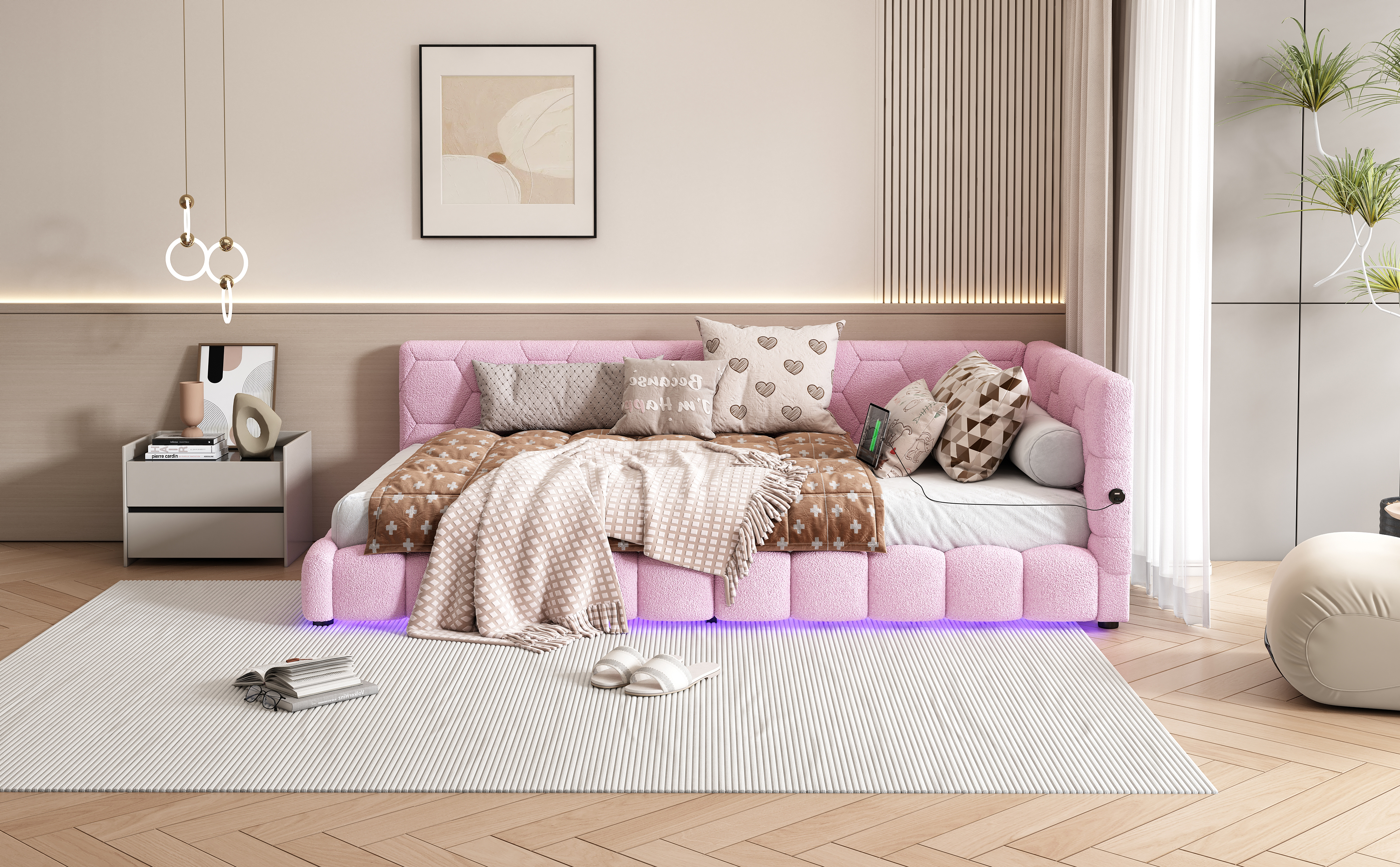 Lit banquette laine bouclée blanc/rose