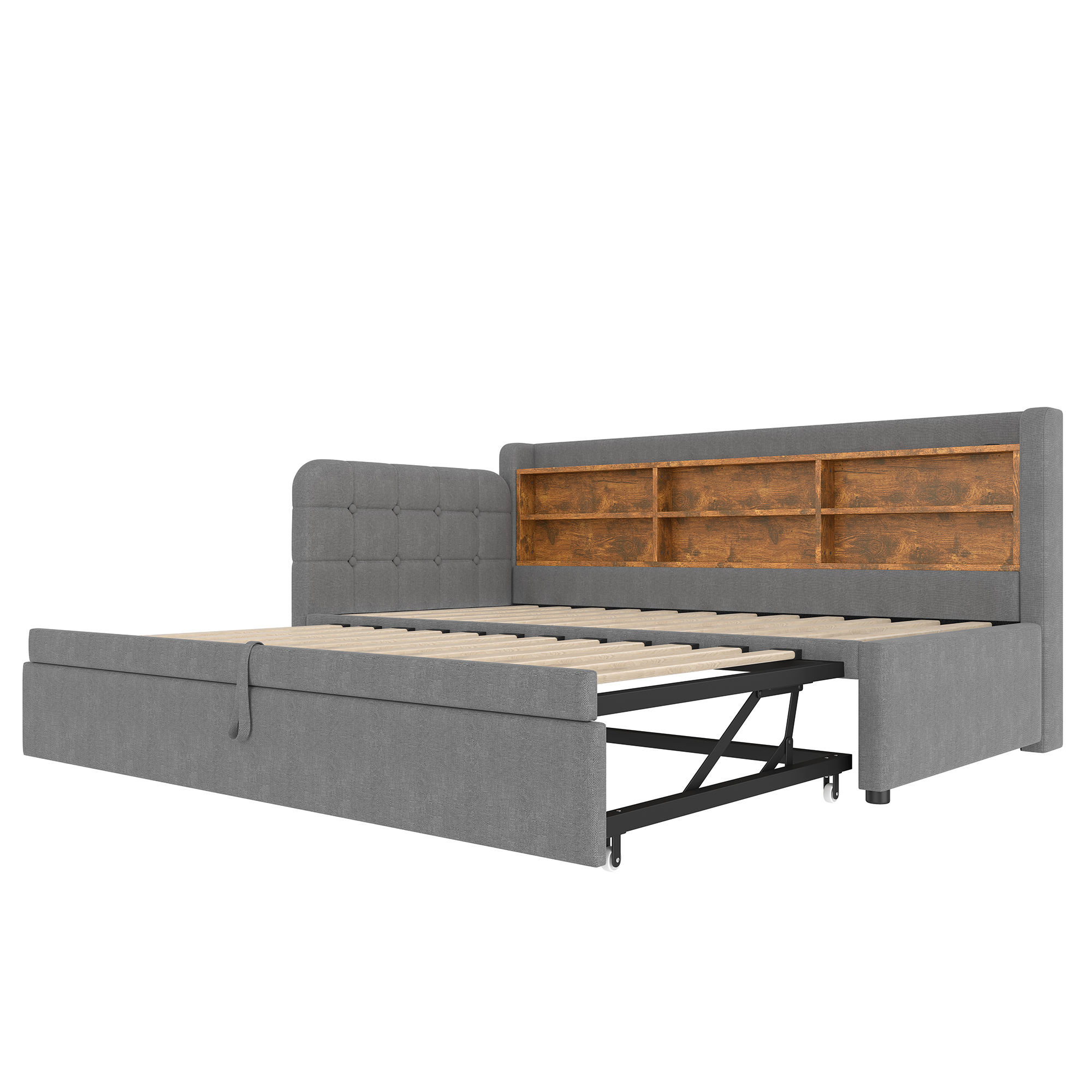 Lit en chanvre et MDF avec escamotable 180×200 cm, USB + Type-C, tête à boutons faite main, style rétro, pour petit appartement, matériau écologique, couchage spacieux, recharge au lit, design élégant, confort, fonctionnalité - image 11