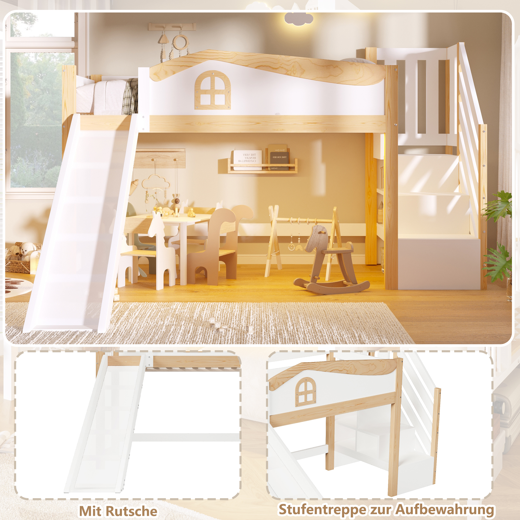 Lit enfant mi-hauteur blanc avec toboggan et rangements