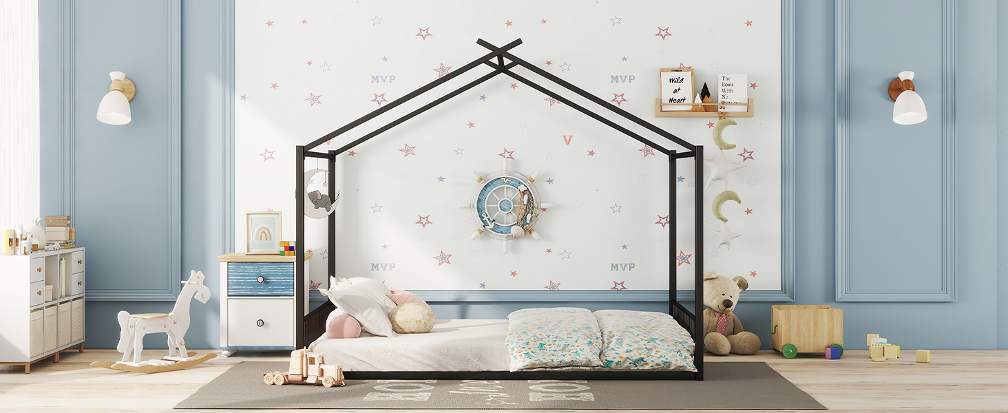 Lit mezzanine enfant en métal en forme de maison noir, pour chambre d'enfant, design unique, espace de jeu, style moderne, facile montage, stabilité, sécurité, utilisation polyvalente, décoration - image 22