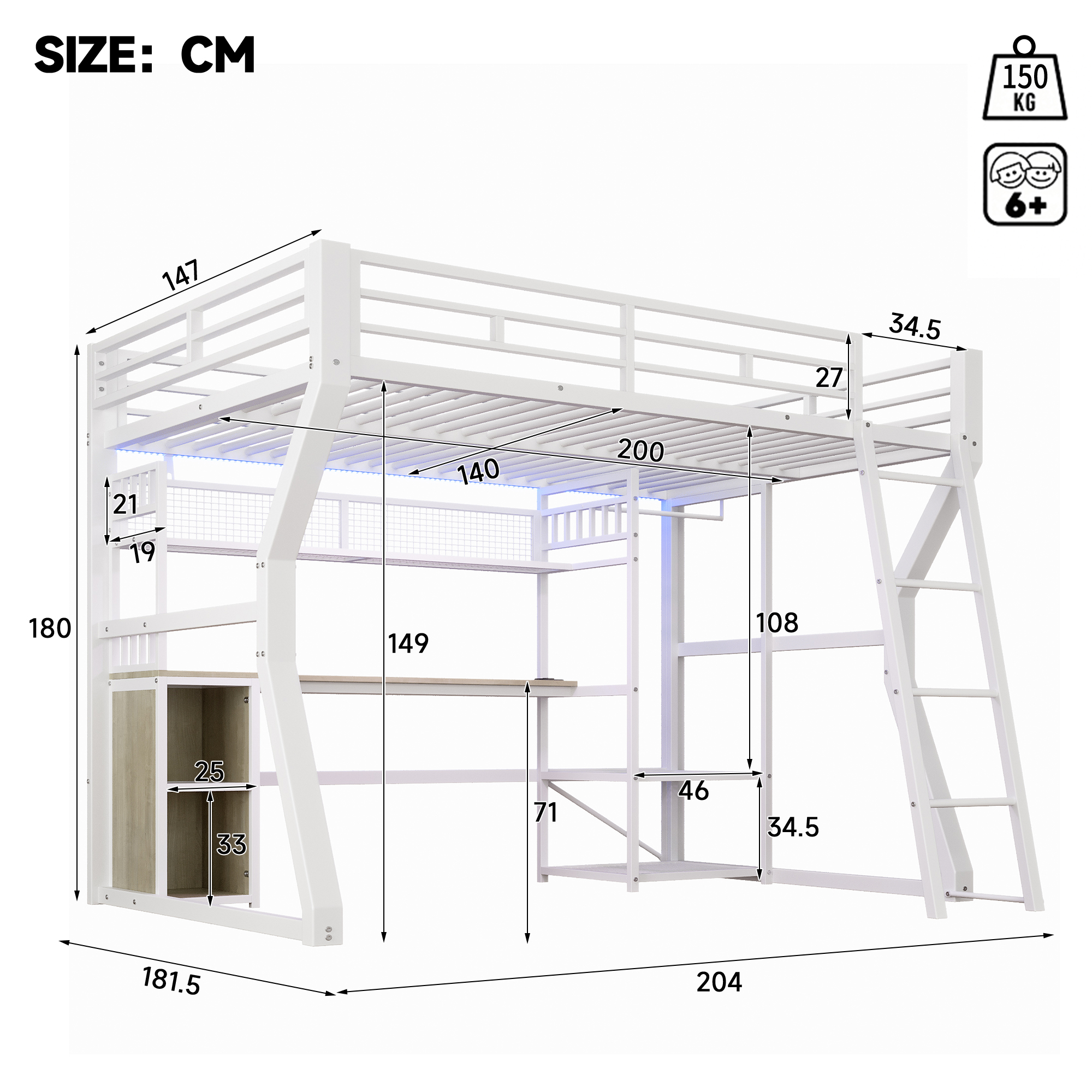 Dimensions lit mezzanine 140x200cm