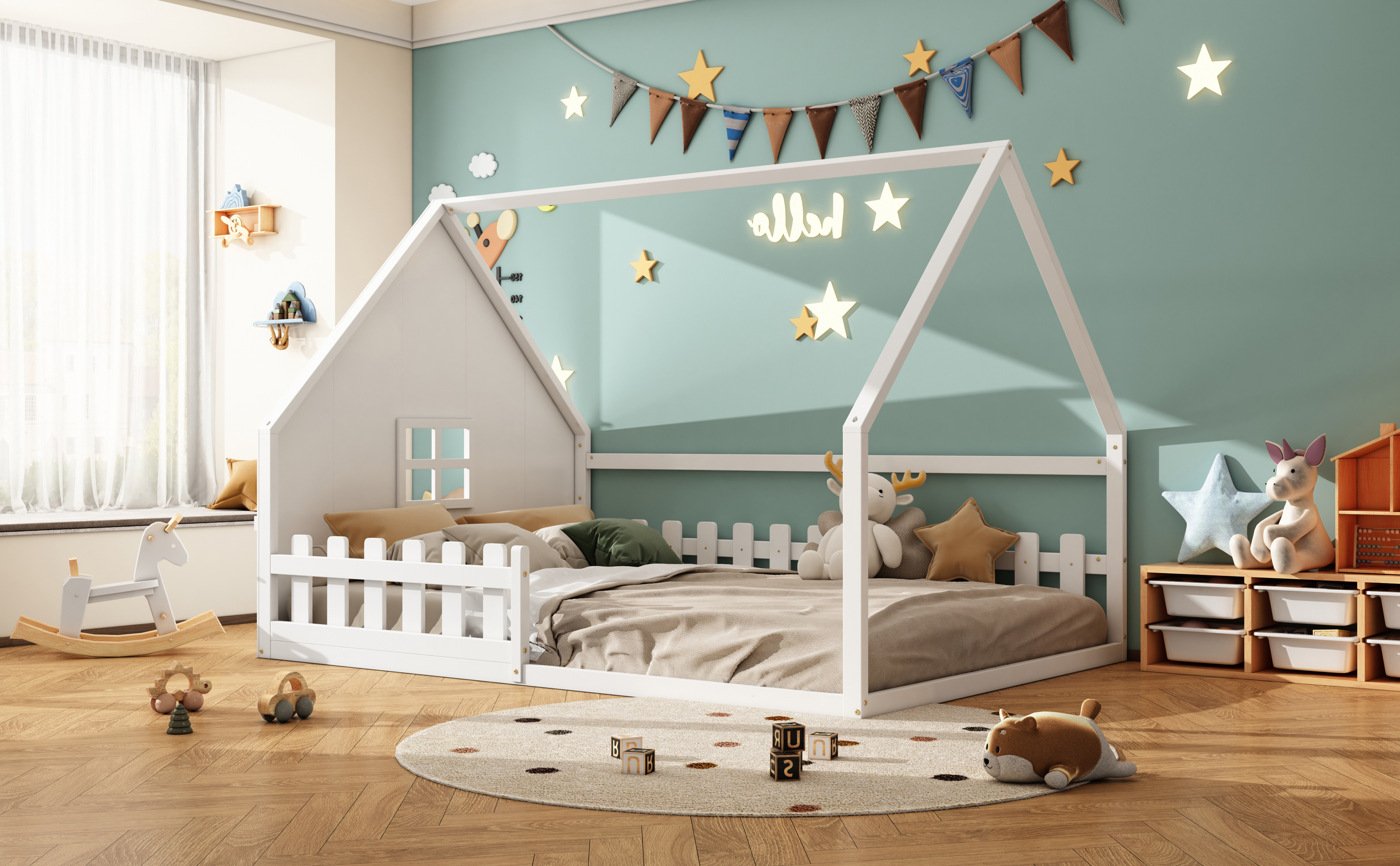 Lit enfant maison de rêve en pin et MDF, design maison miniature, pour chambre d'enfant, stimule imagination, construction stable, style naturel moderne, sécurité et amusement, espace de jeu unique - image 12