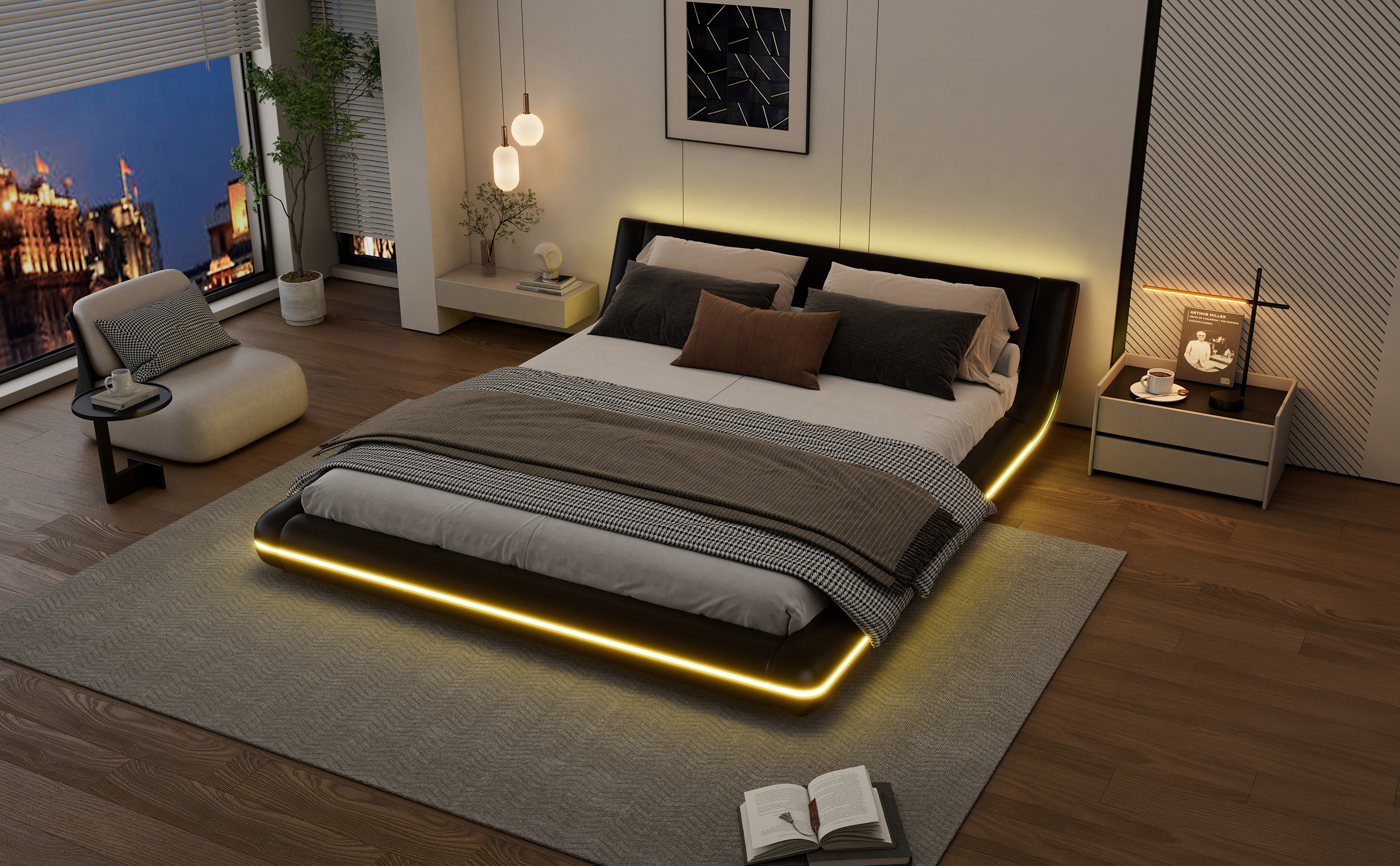 Lit au sol en PU et MDF avec LED changeantes contrôlable app, pour chambre, structure stable, ambiance romantique, design moderne, matériau durable, confort et technologie, style fonctionnel élégant - image 14