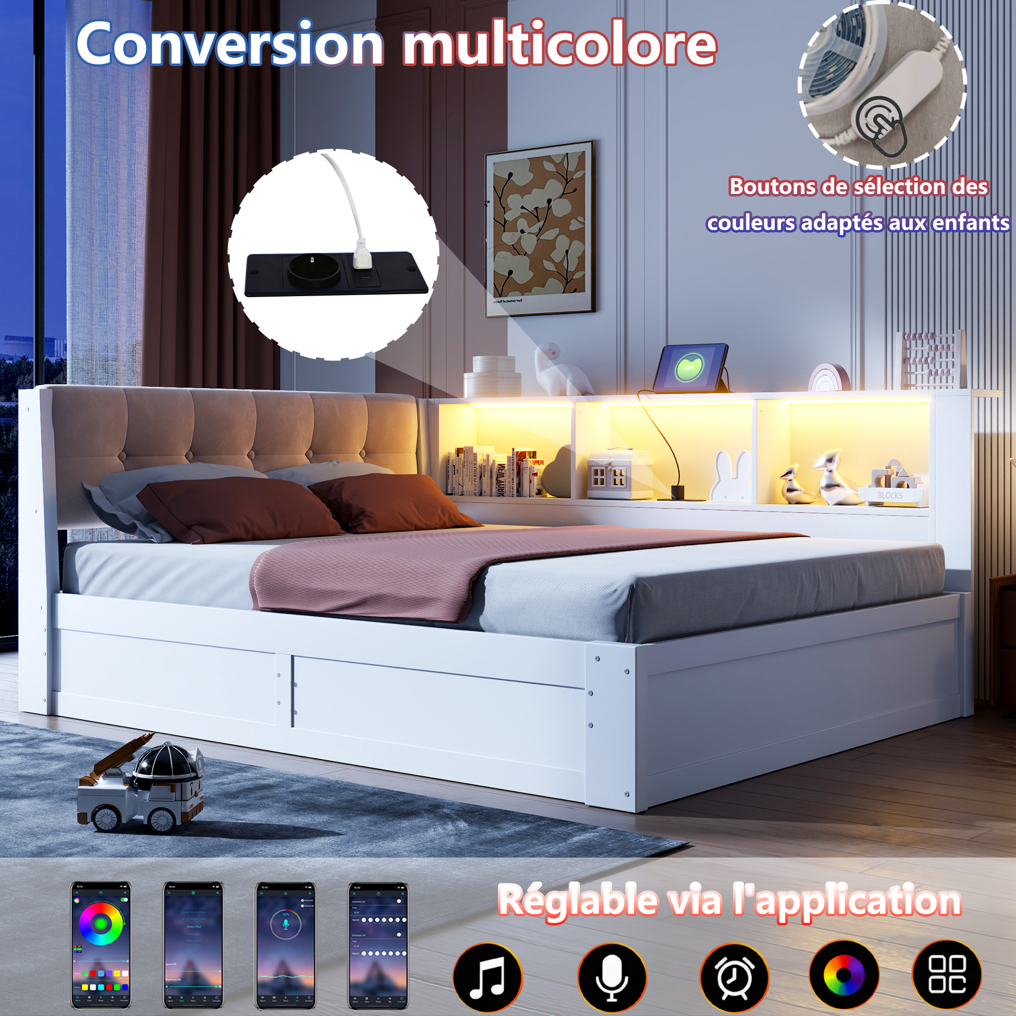 Canapé convertible, ports USB, éclairage led, intensité réglable, prises et recharge intégrées, 209 x 165 x 83 cm, tissu effet lin et bois, blanc - vue 9