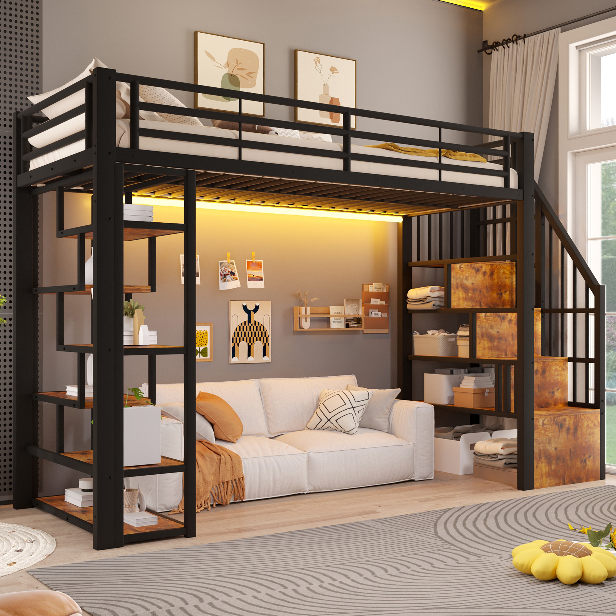 Lit mezzanine 90 x 200 cm, escalier, éclairage LED sous le couchage, garde-corps, rangements intégrés, métal et MDF, noir, 252 x 95 x 170 cm - présentation 1