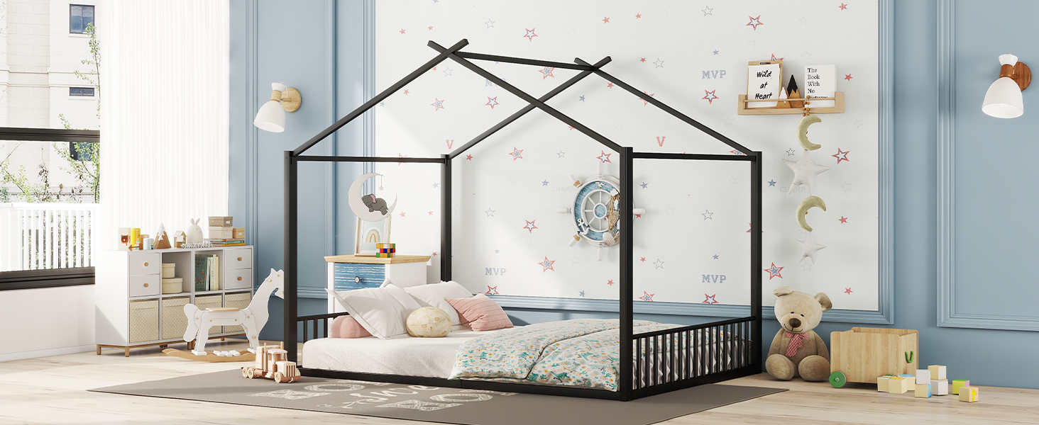Lit mezzanine enfant en métal en forme de maison noir, pour chambre d'enfant, design unique, espace de jeu, style moderne, facile montage, stabilité, sécurité, utilisation polyvalente, décoration - image 21
