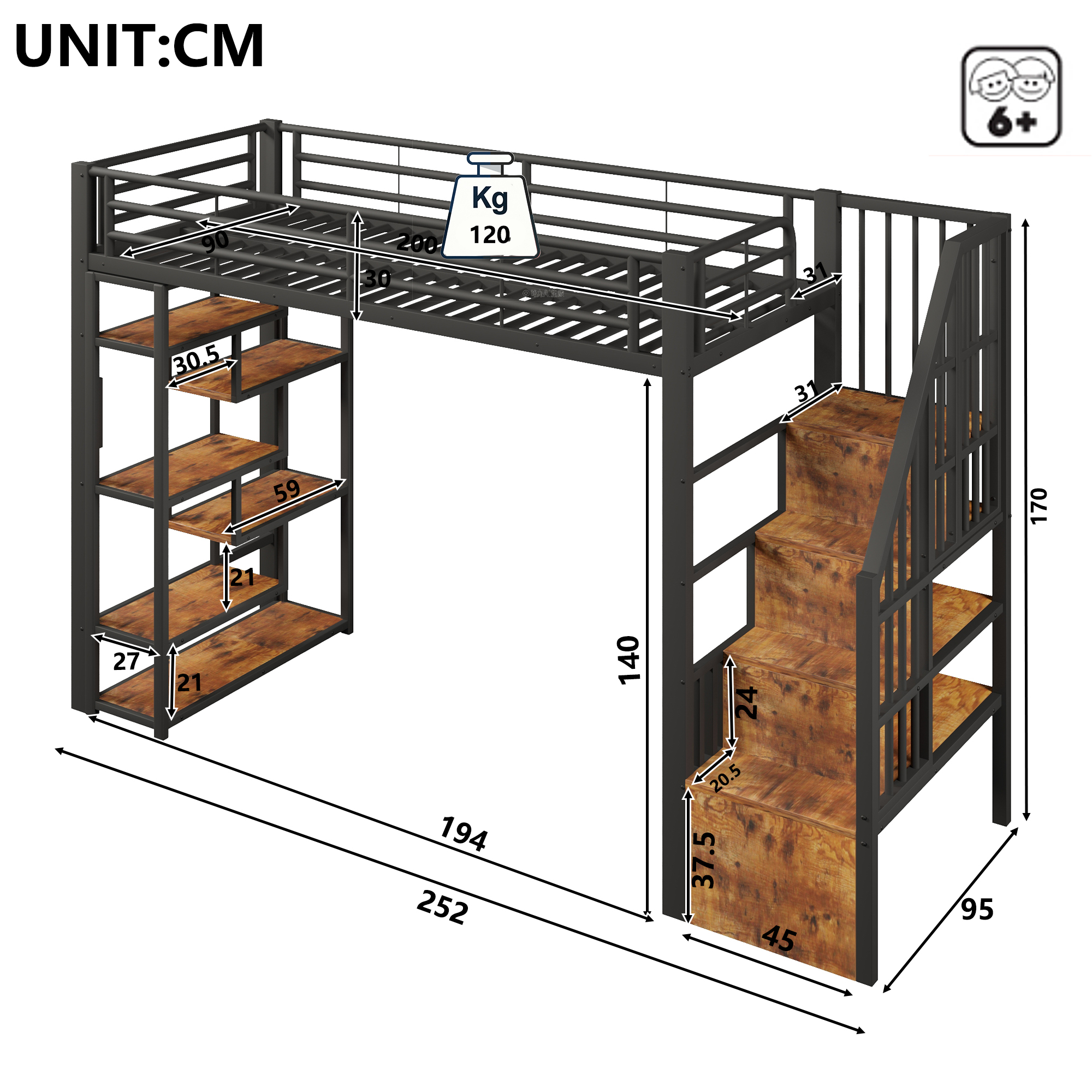 Lit mezzanine 90 x 200 cm, escalier, éclairage LED sous le couchage, garde-corps, rangements intégrés, métal et MDF, noir, 252 x 95 x 170 cm - vue complémentaire 1