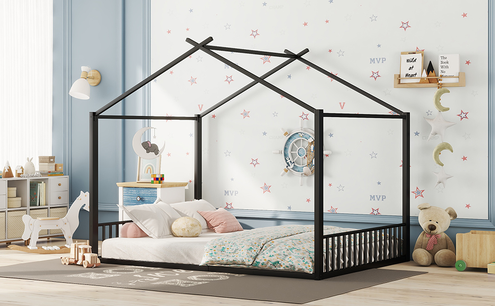 Lit mezzanine enfant en métal en forme de maison noir, pour chambre d'enfant, design unique, espace de jeu, style moderne, facile montage, stabilité, sécurité, utilisation polyvalente, décoration - image 16