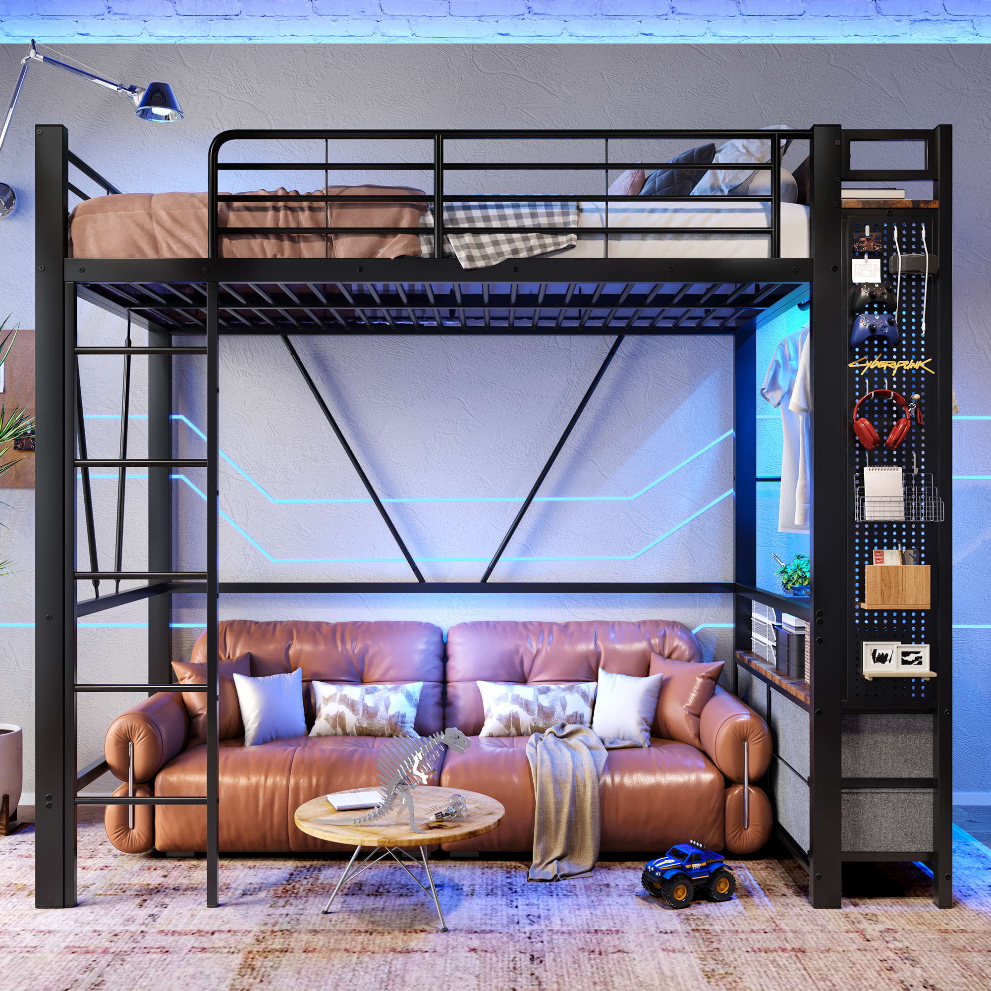 Lit en fer et MDF avec tringles suspendues, 4 tiroirs, pour chambre, structure forte, beaucoup de rangement vertical, utilisation optimale espace, design fonctionnel, style moderne, stabilité, durabilité - image 3