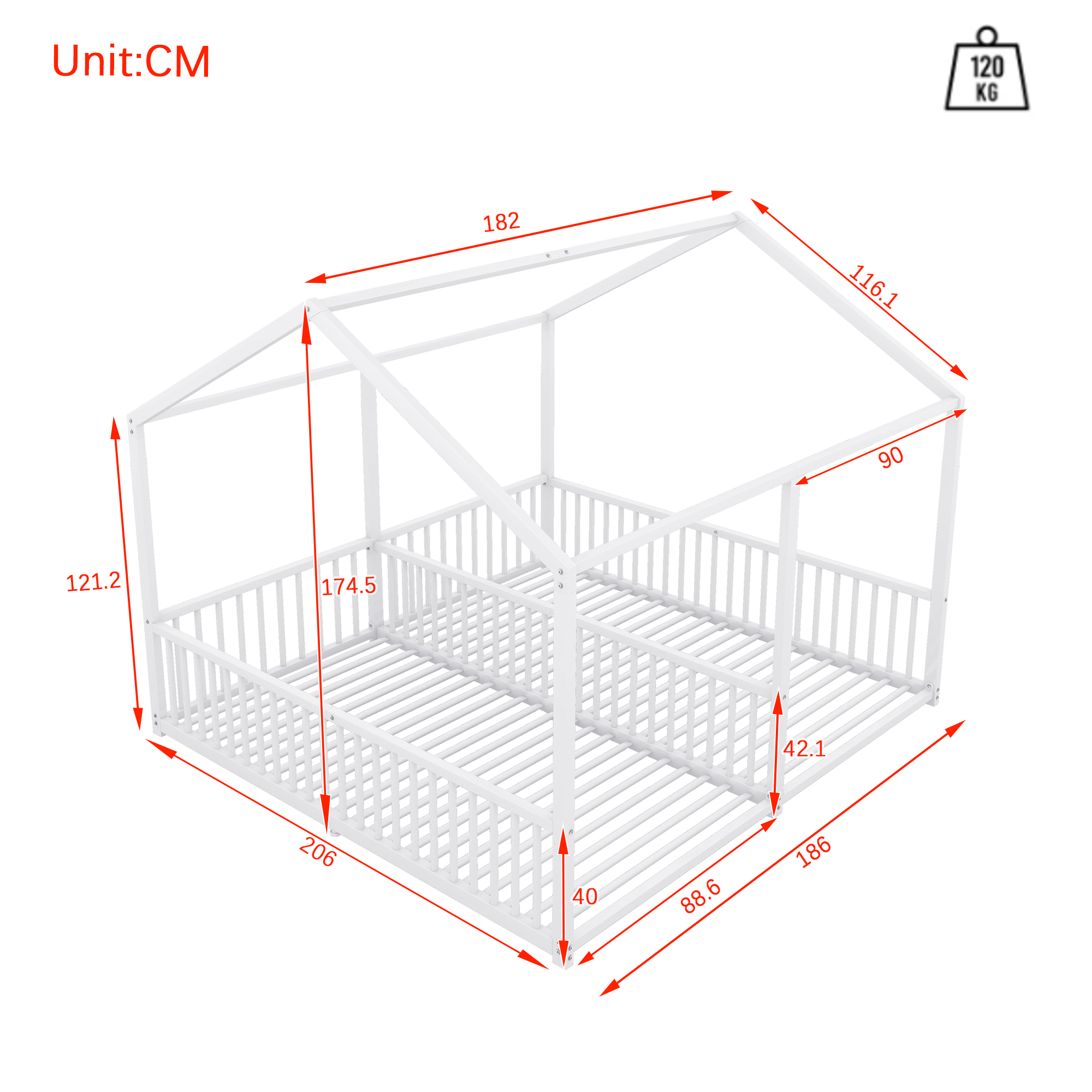 Lit jumeaux enfant en fer 2×90×200 cm en forme de maison, barrières sécurité, pour famille avec 2 enfants, design créatif, indépendance de couchage, stabilité, sécurité, style ludique, décoration - image 7