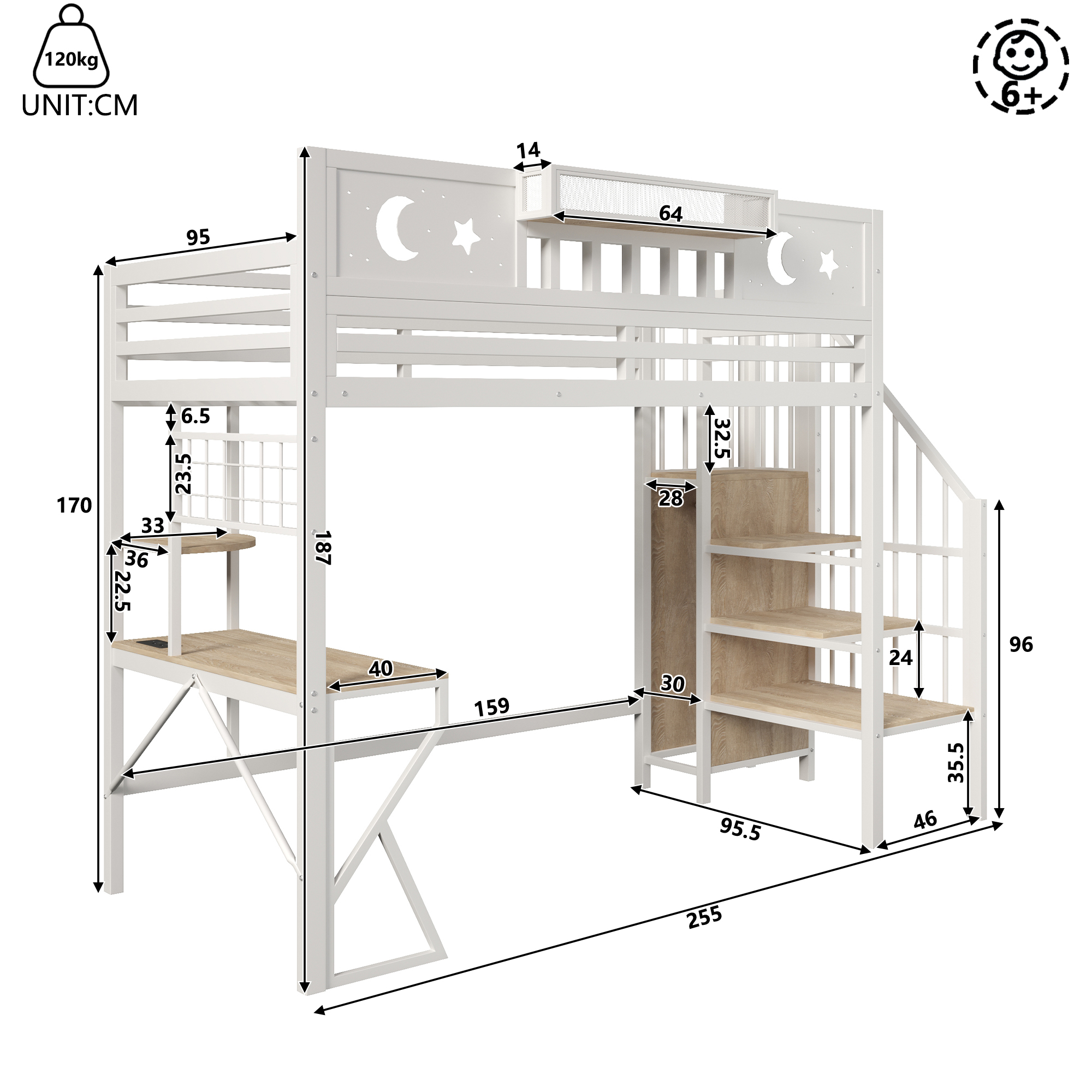 Lit mezzanine 90 x 200 cm, bureau intégré, échelle, éclairage LED au niveau du bureau, prise intégrée, métal et MDF, blanc, 255 x 109 x 187 cm - vue complémentaire 1