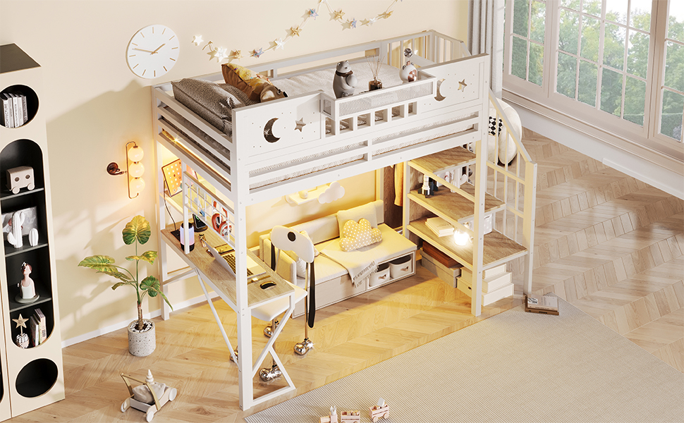 Lit mezzanine 90x200 cm avec bureau intégré, LED et rangements