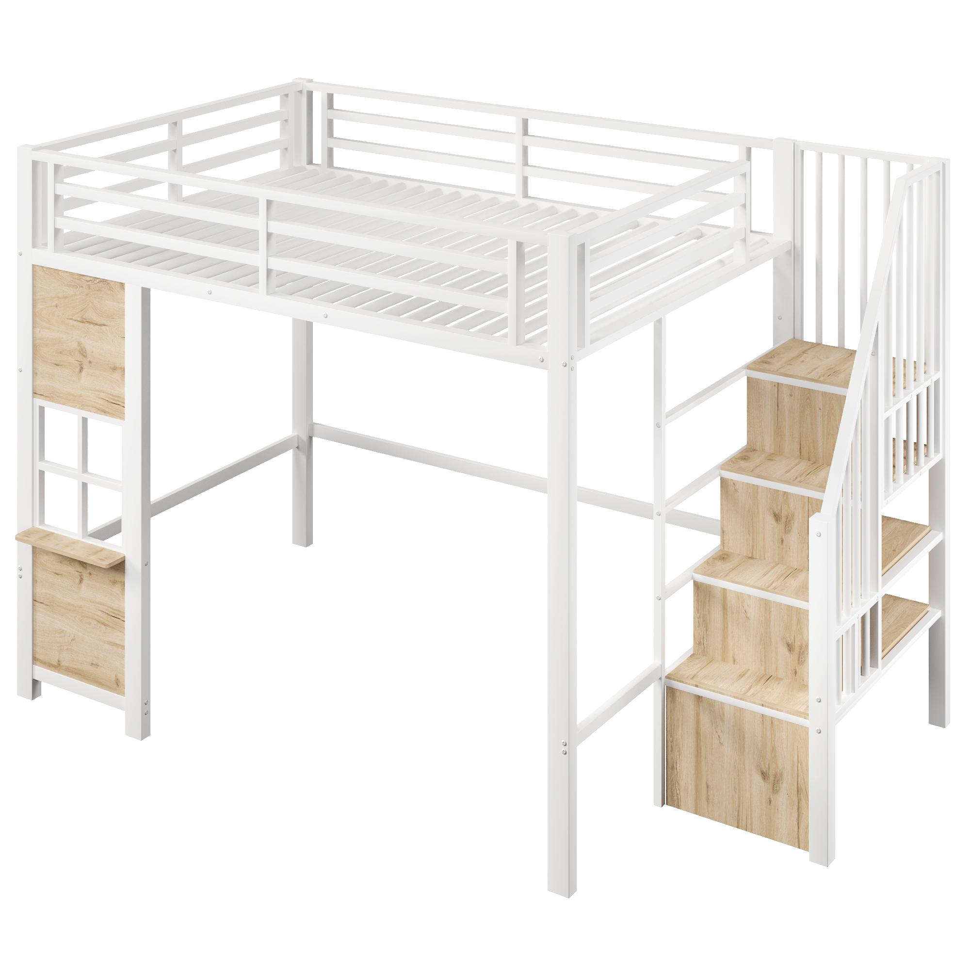 Présentation de Lit mezzanine en métal 140 x 200 cm avec escalier avec rangements, espace inférieur ouvert et barrières de sécurité, Blanc, sans matelas