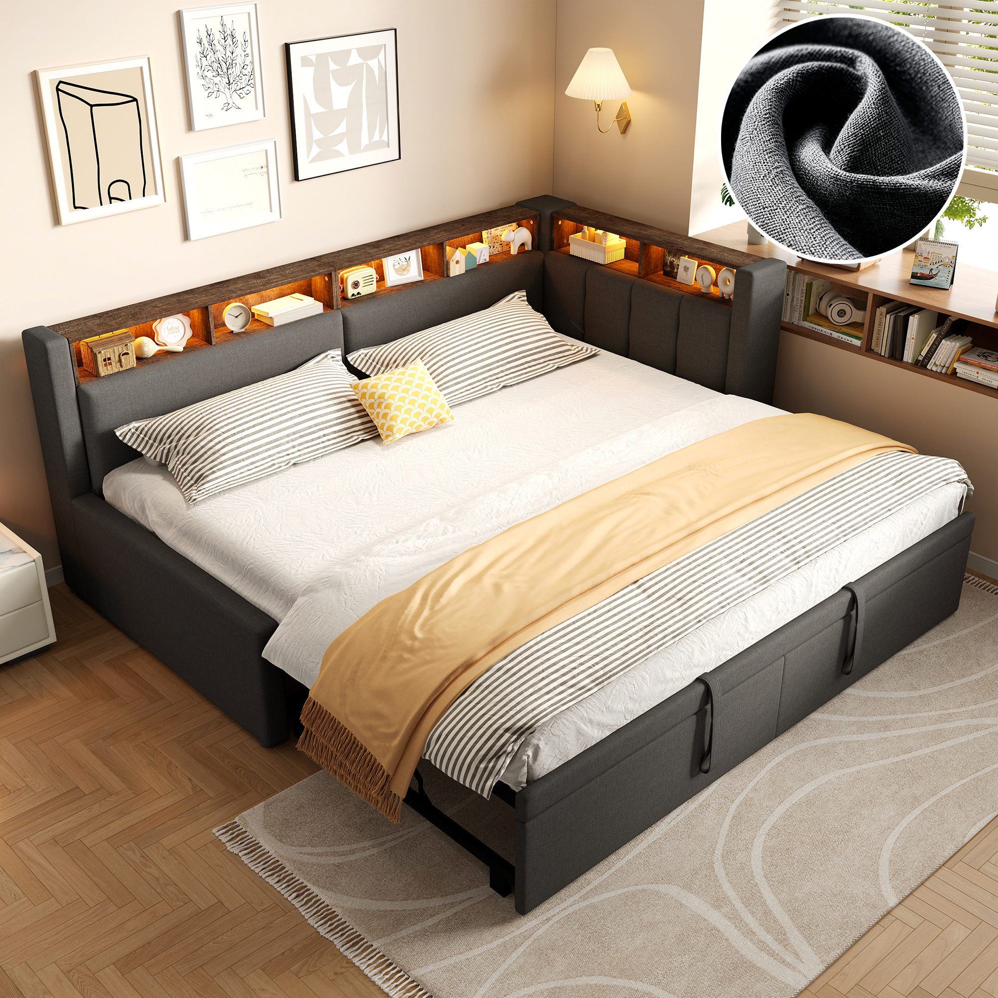 Lit de Jour Convertible 90×200 cm – Lin de Qualité, LED et Rangement Intégré – Design extractible et flexibilité d’usage