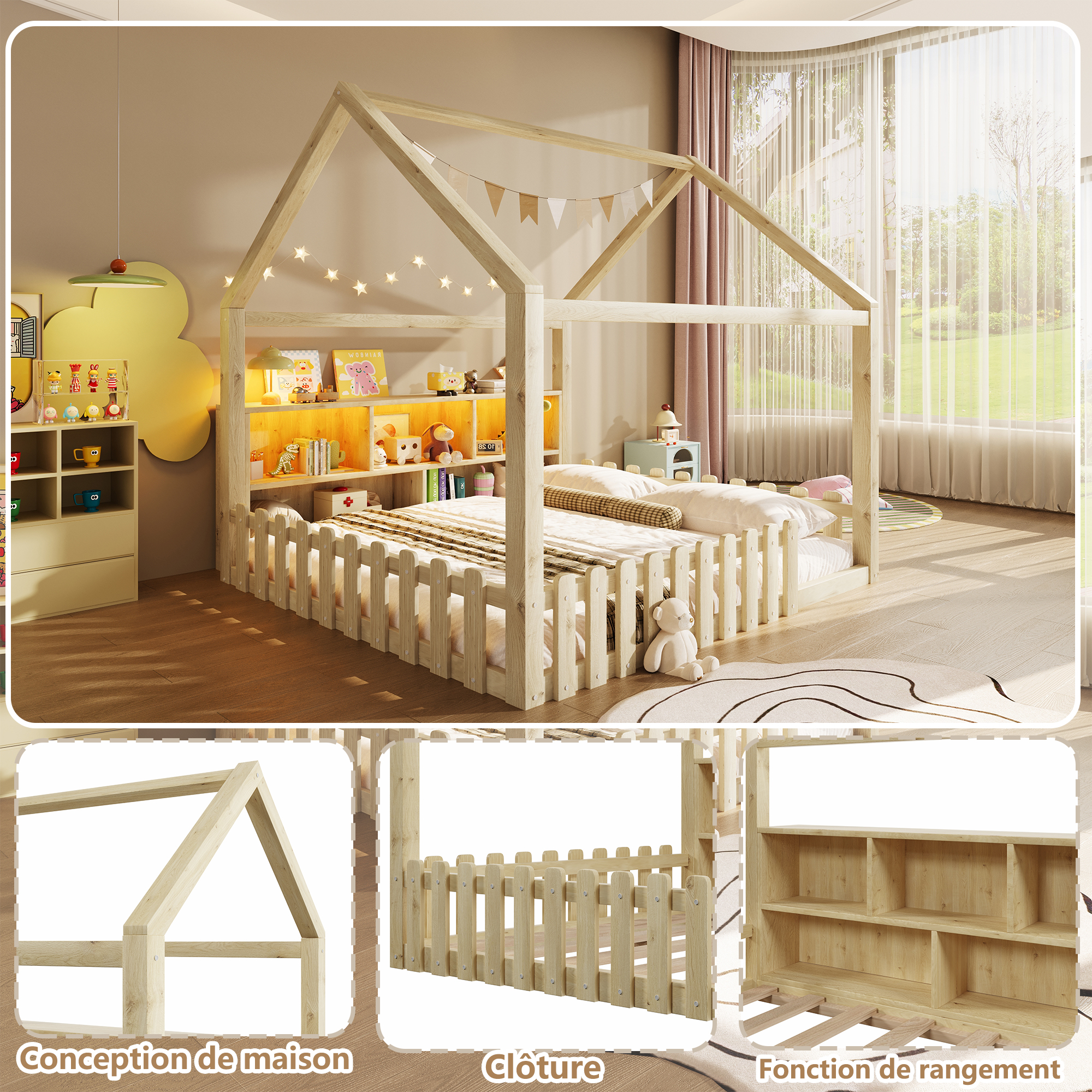 Lit Enfant Maison 140×190 cm – Design Cabane, LED et Rangement Intégré – Dimensions et caractéristiques du couchage