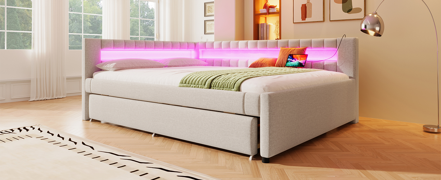 Lit en lin et MDF avec LED contrôlable tactile/app, USB + Type-C, lit escamotable, pour chambre, ambiance romantique, recharge multiple, utilisation flexible, design moderne, confort et technologie, style élégant - image 18