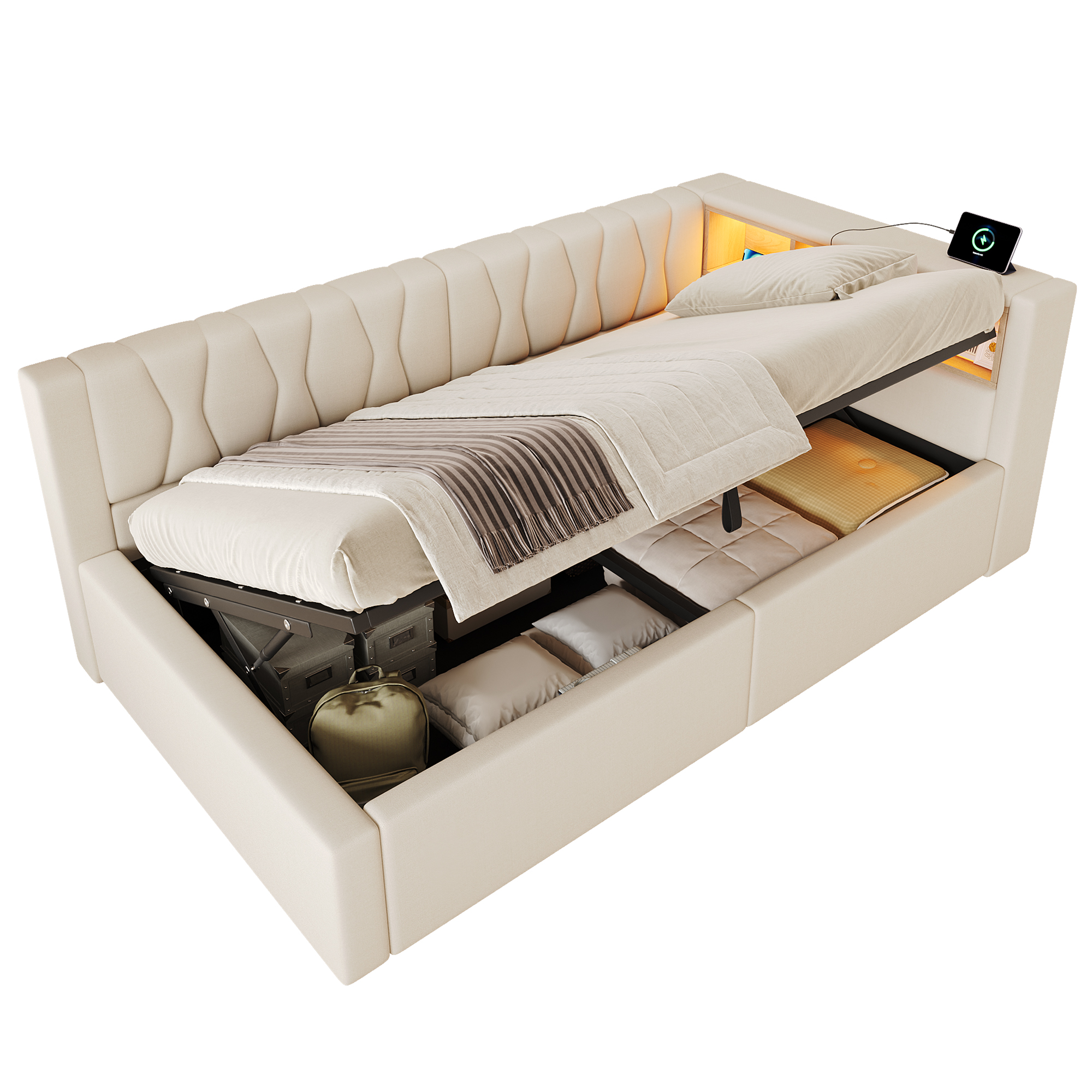 Détails de Lit banquette rembourré en lin 90 x 200 cm avec rangement hydraulique, LED et ports USB-C, Beige, sans matelas
