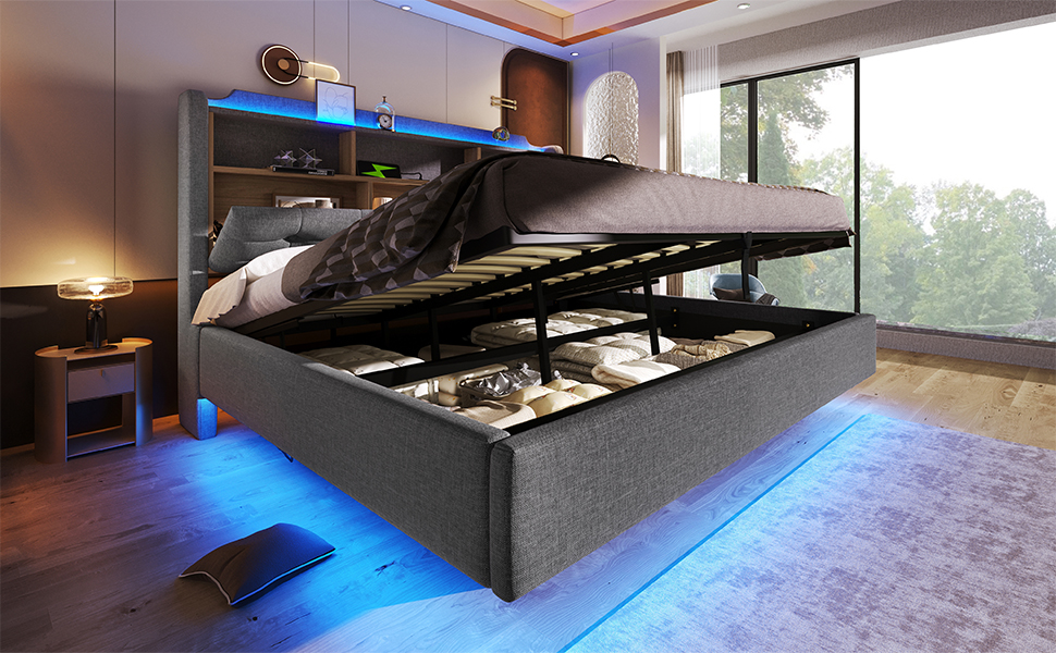 Lit capitonné 180x200 cm en lin avec coffre hydraulique et LED