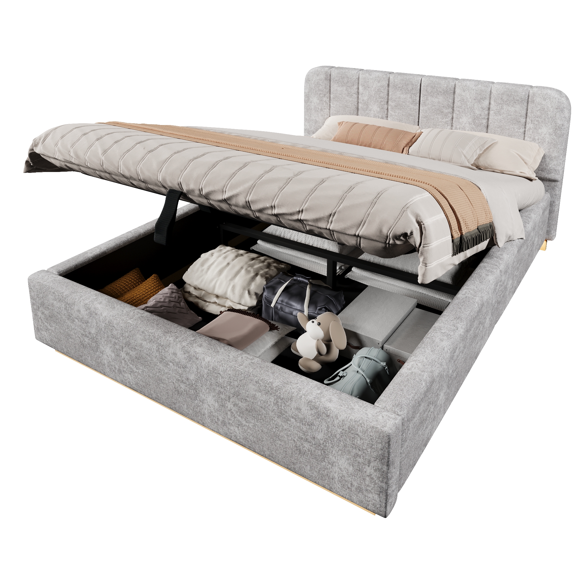 Détails de Lit coffre rembourré en chenille 140 x 200 cm avec rangement hydraulique, LED et sommier à lattes, Gris, sans matelas