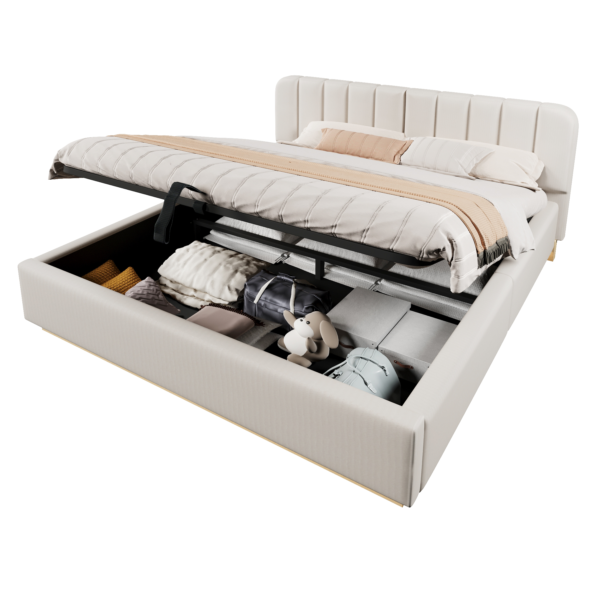 Détails de Lit coffre rembourré en chenille 180 x 200 cm avec rangement hydraulique, LED et sommier à lattes, Beige, sans matelas