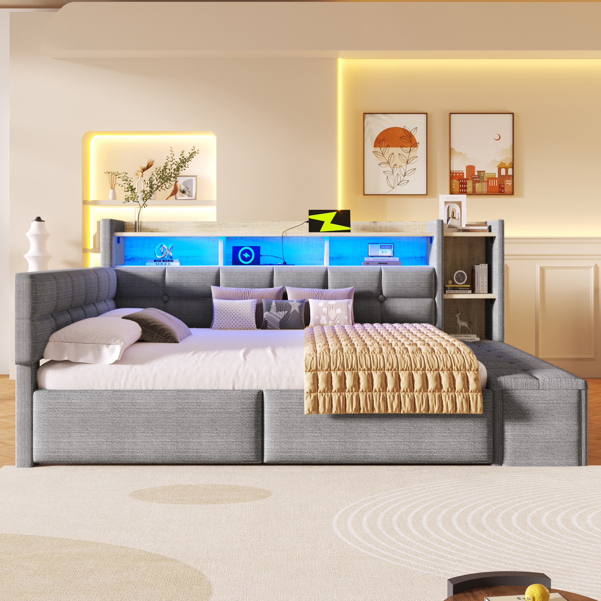 Lit banquette 140 x 190 cm avec rangements et tiroirs dark gray - présentation 1